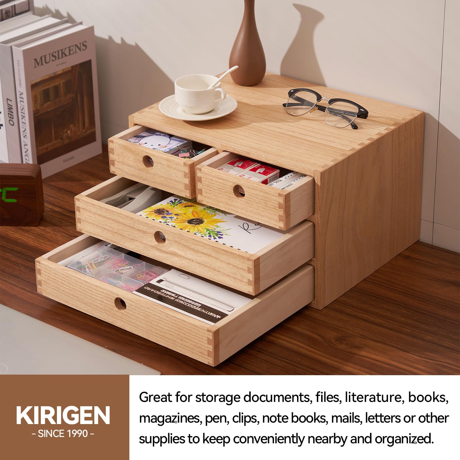 Kirigen Natural Wood Desktop Organizer with 3-Layer & 4 Drawers - Wooden Storage Box for Home Office, Workspace & Makeup Organization - Perfect for Desk Accessories, Stationery & Beauty Products Storage