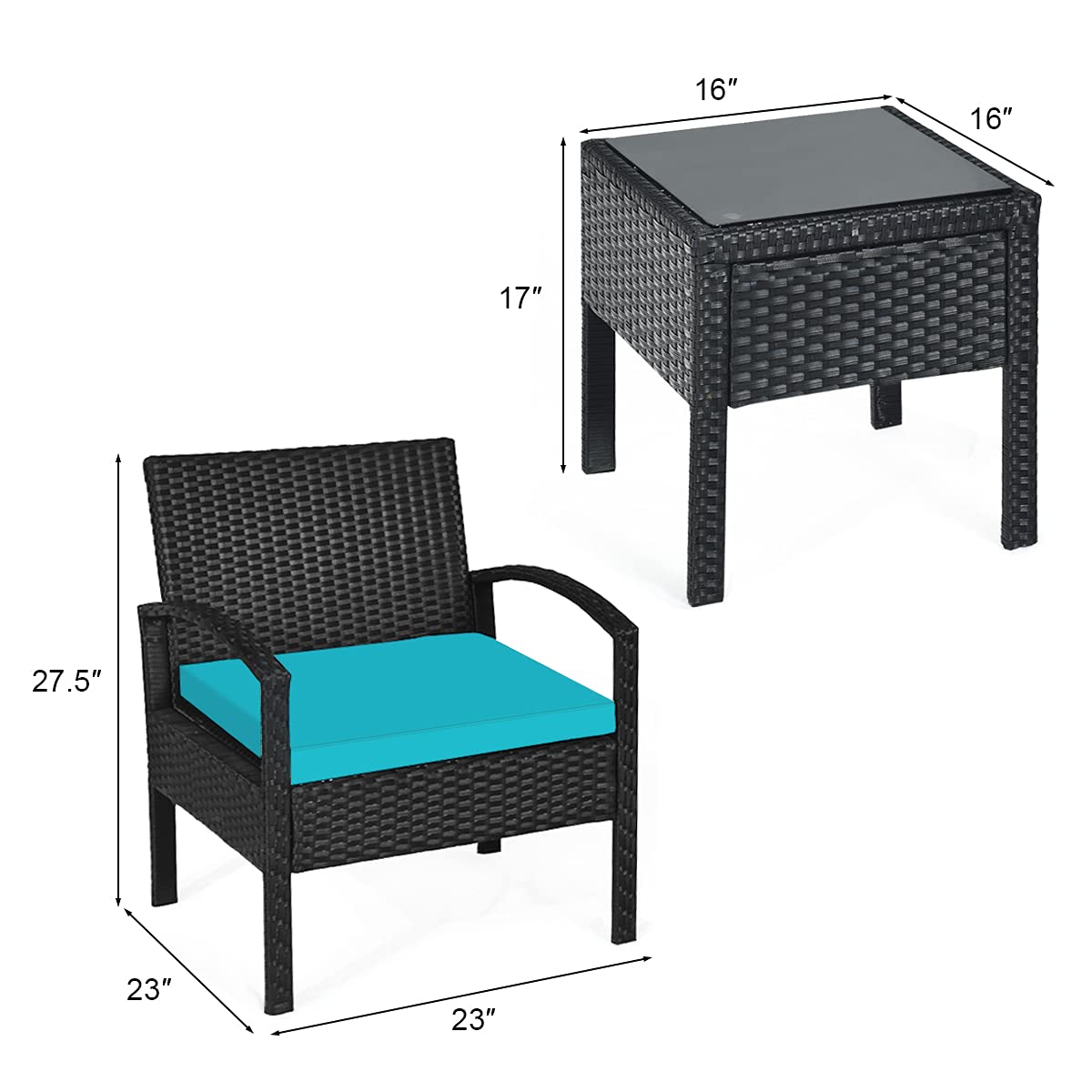 HappyGrill 3-Piece Patio Conversation Set - Outdoor Wicker Rattan Furniture with Cushions, Coffee Table & Chairs - Modern Bistro Set for Garden, Balcony, Backyard, Porch & Poolside Relaxation