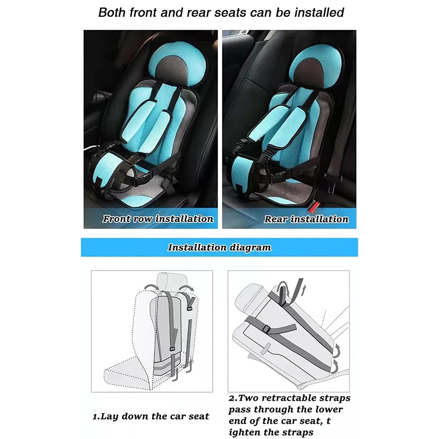 Portable Car Seat Cushion for Travel - Adjustable Straps, Foldable Design - Safe & Comfortable Baby Seat for Cars, Golf Carts & Airplanes (Black, Large 22.05 x 13.39 x 9.45 Inches) - Perfect for Road Trips, Family Vacations & Daily Commutes