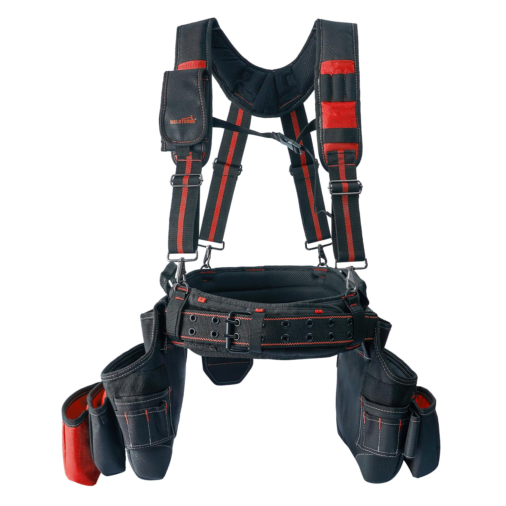MELOTOUGH Pro Framer Combo System - Heavy Duty Magnetic Tool Pouch with Adjustable Carpenter Tool Belt & Multi-Function Suspenders (Red) | Perfect for Construction, Carpentry & DIY Projects