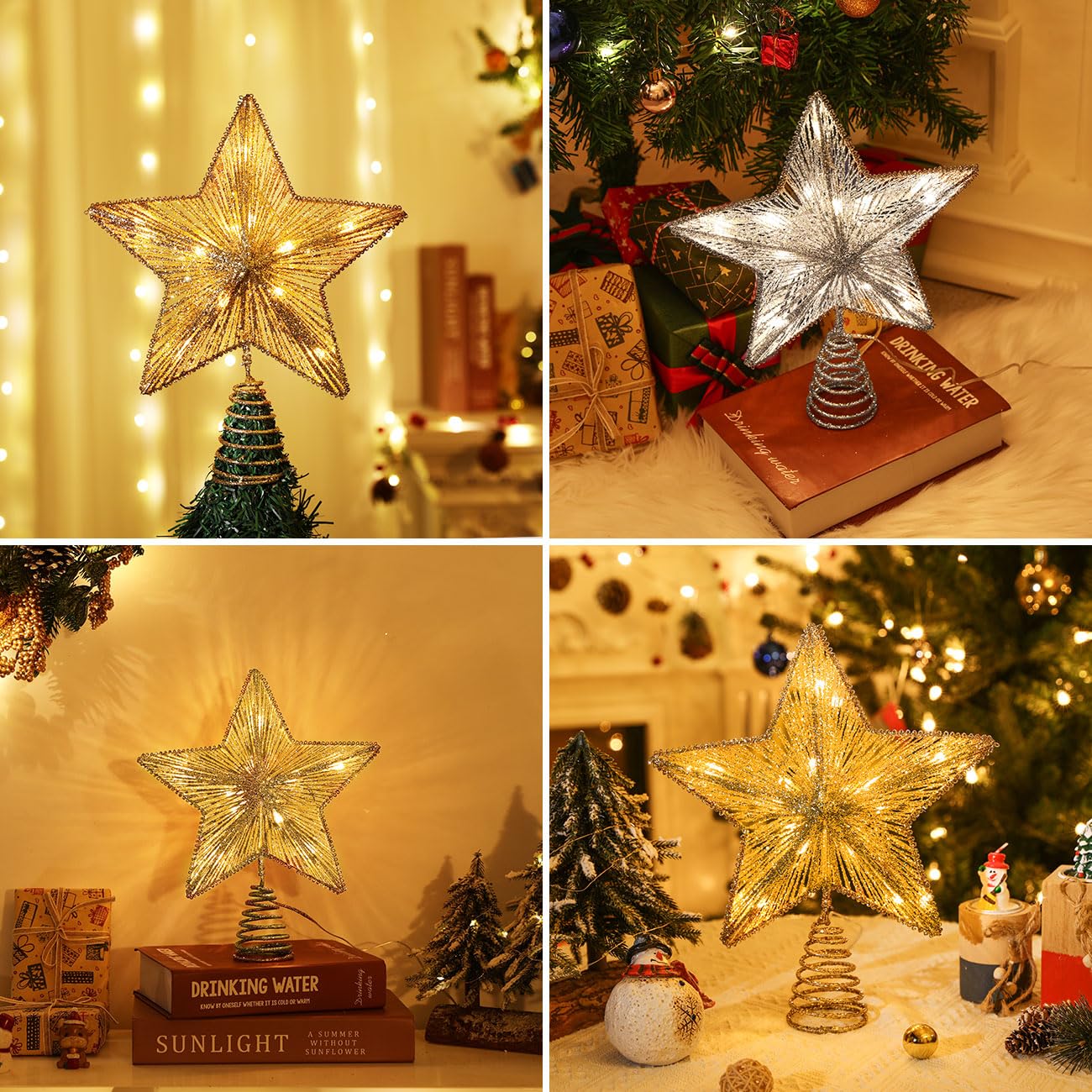 Lewondr USB-Powered Remote Control Christmas Tree Topper with LED Lights and Sequins - Gold Star Decor with 6H Timer for Holiday Trees | Perfect for Home, Office & Party Christmas Decorations