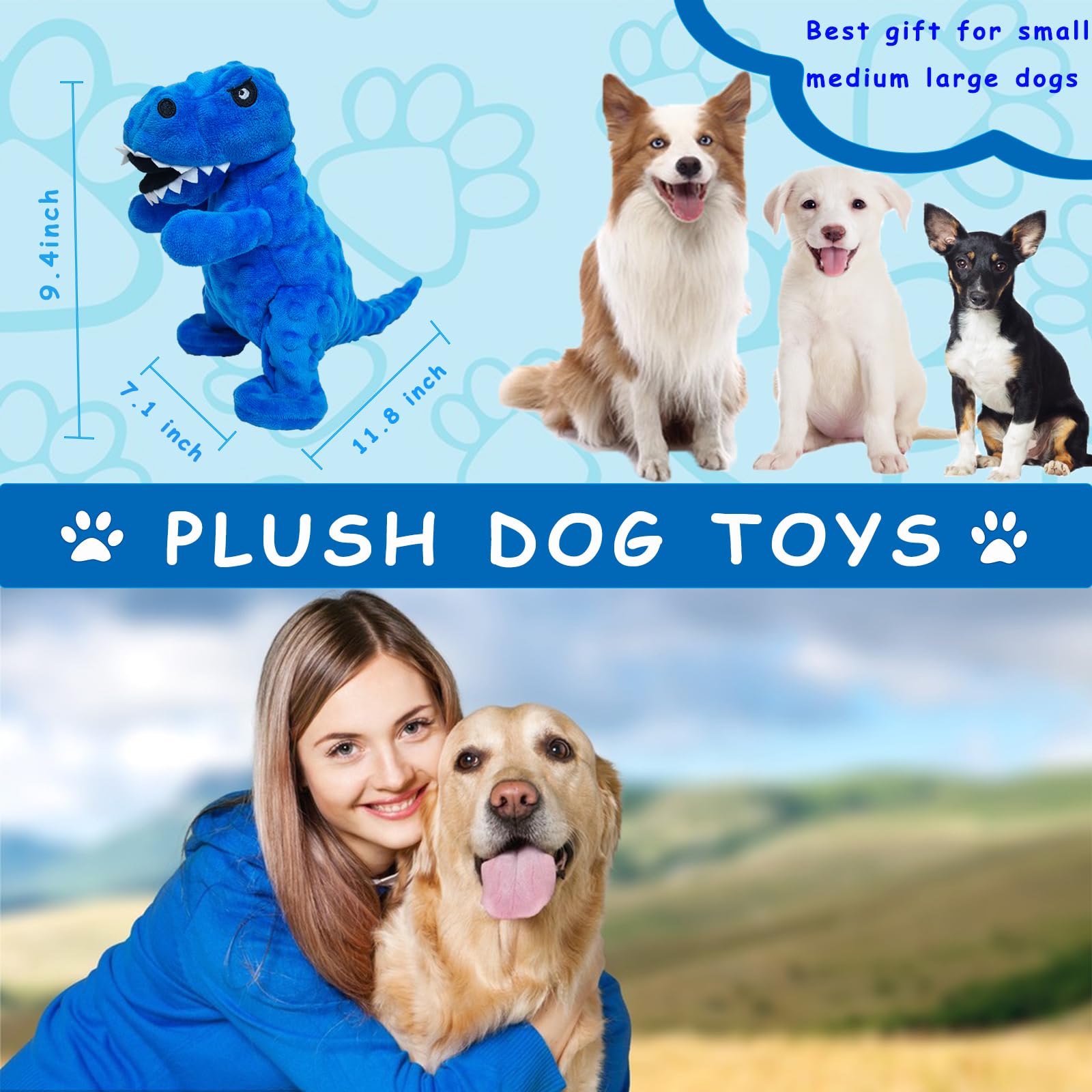LWBMG Squeaky Dinosaur Plush Dog Toy with Crinkle Paper - Durable Chew Toy for Small, Medium & Large Dogs - Interactive Playtime & Training Reward for Puppies & Adult Dogs