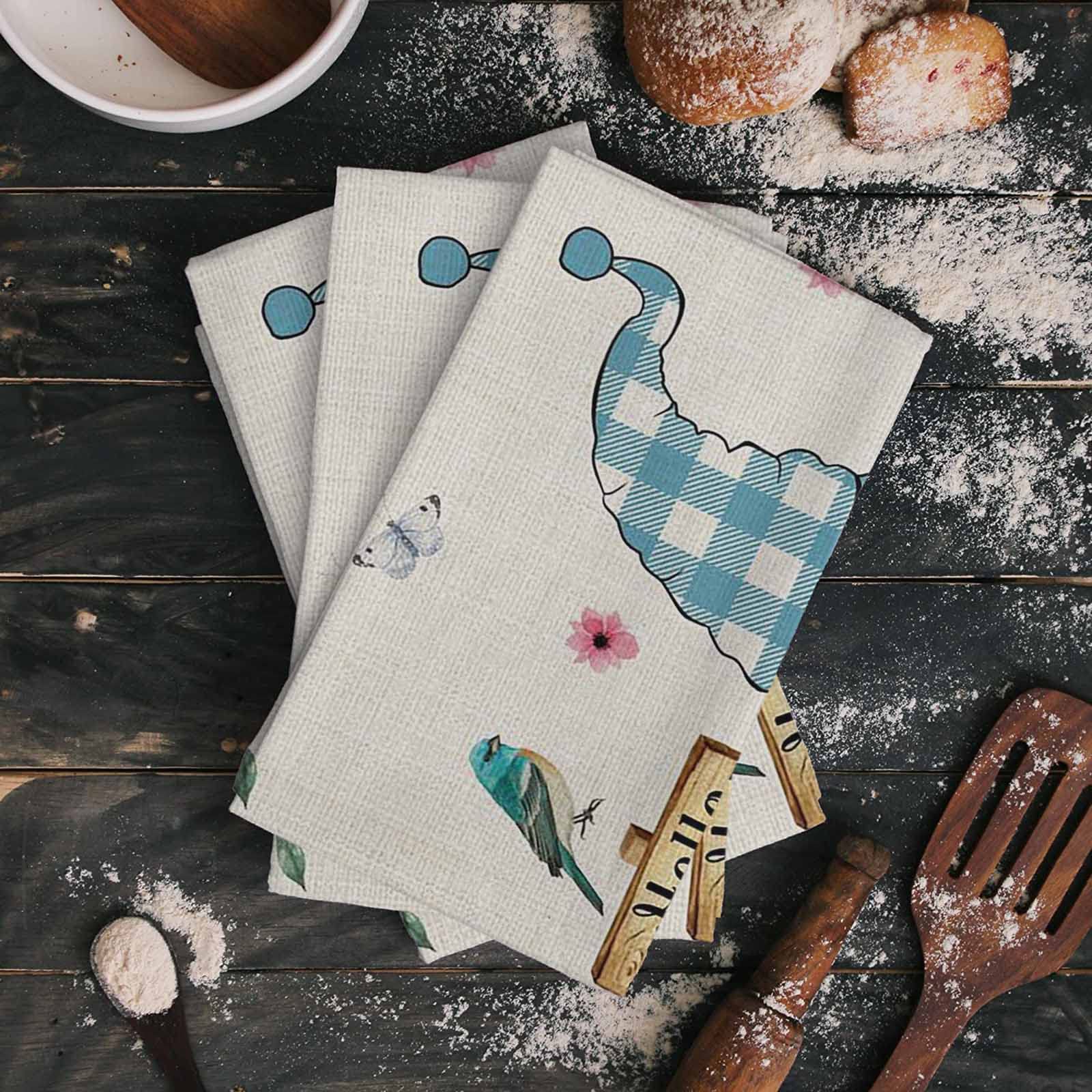 **Floral Gnomes Cotton Kitchen Towels Set of 2 - 18x28 Inch Absorbent Reusable Dishcloths for Kitchen, Bar & Hand Drying - Spring Linen Grain Design for Dishwashing, Tea Towels & Cleaning**    *(Perfect for Everyday Kitchen Use, Dish Drying, Bar Cleaning & Hand Towel Needs)*