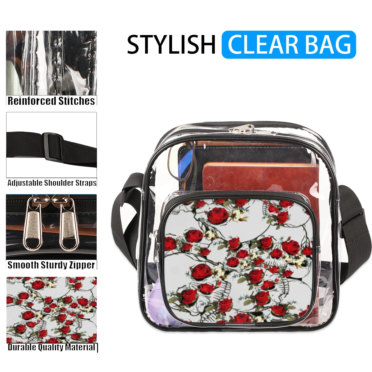 Red Rose Pattern Clear Crossbody Purse Bag - Floral Transparent Shoulder Bag for Women & Men | Stadium Approved Clear Purse for Concerts, Festivals, Sports Events | Perfect for Music Festivals, Theme Parks & Security Checkpoints