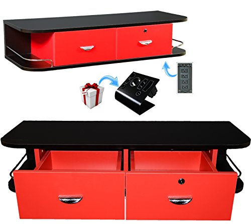 LCL Beauty Red Locking Wall Mount Styling Station with Black Metal Tabletop Appliance Holder & 4-Port Power Strip - Perfect for Salon, Home Styling & Beauty Stations