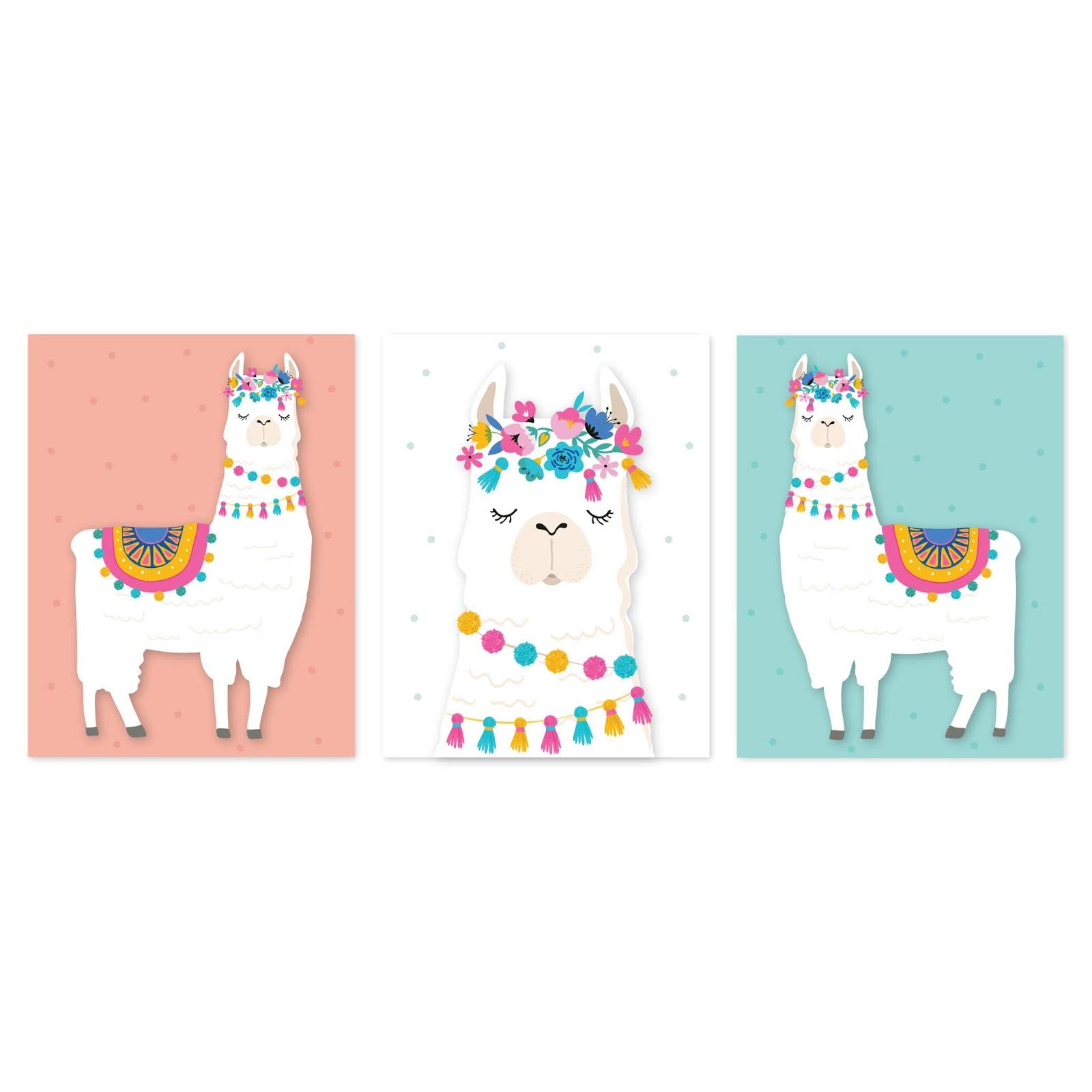 Andaz Press 3-Pack Llama Alpaca Wall Art Posters for Kids Room Decor - 8.5x11 Inch Nursery Prints in Peach, White & Aqua - Cute Animal Graphic Unframed Wall Decor for Baby Girl & Toddler Bedroom, Playroom or Classroom