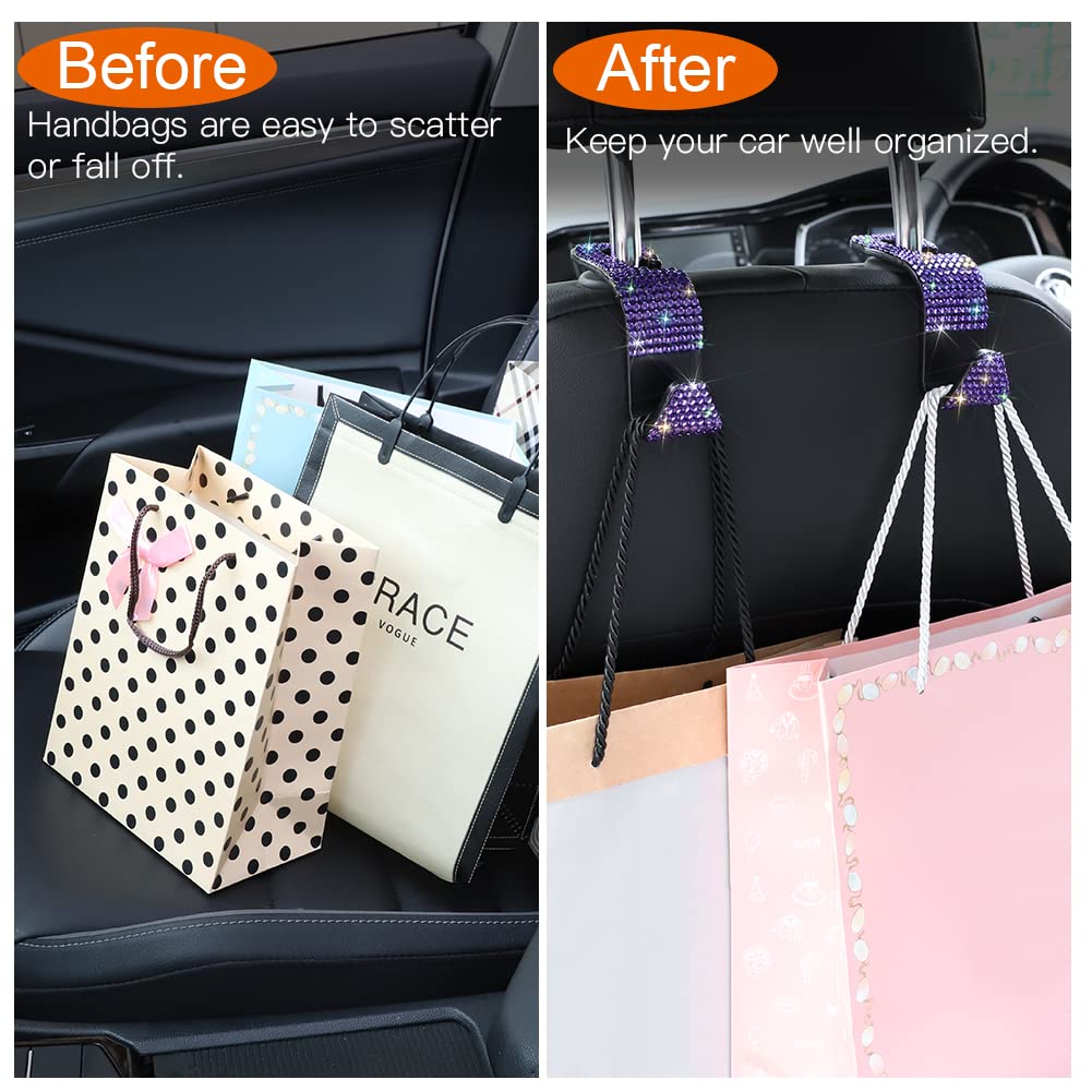 OTOSTAR 2 Pack Bling Diamond Car Headrest Hooks - Universal Vehicle Seat Hangers & Organizer | Handmade Auto Accessories for Purse, Bag & Shopping (Violet) - Perfect for Road Trips, Commuting & Daily Errands