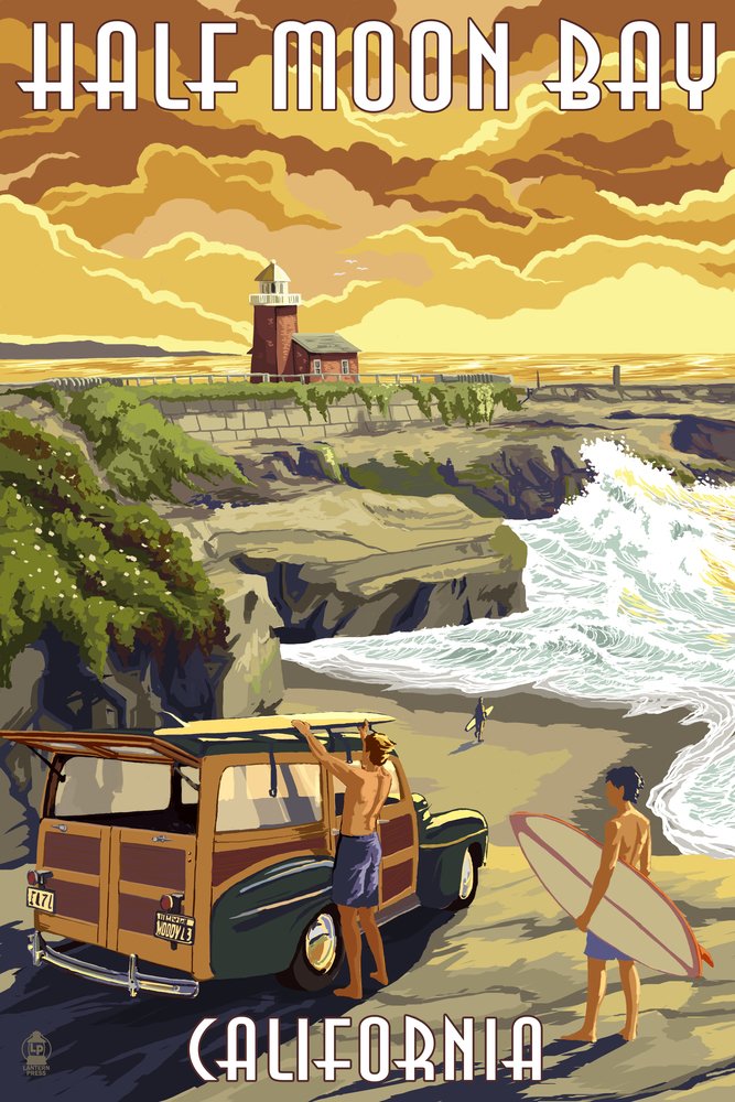 Half Moon Bay California Woody and Lighthouse 50564 - 24x36 Signed Art Print - Coastal Wall Decor for Living Room, Bedroom & Office - Vintage Lighthouse Poster - California Coastal Artwork