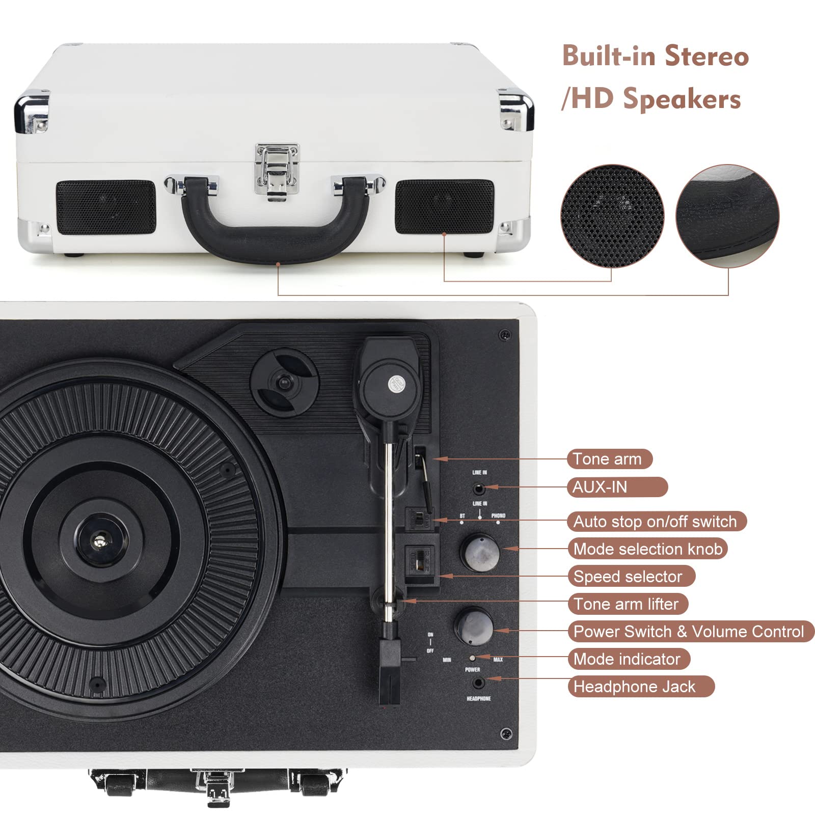 Mersoco 3-Speed Wireless Bluetooth Turntable with Built-in Speakers, RCA Output & AUX Input - Perfect for Home, Office, and Vintage Music Lovers