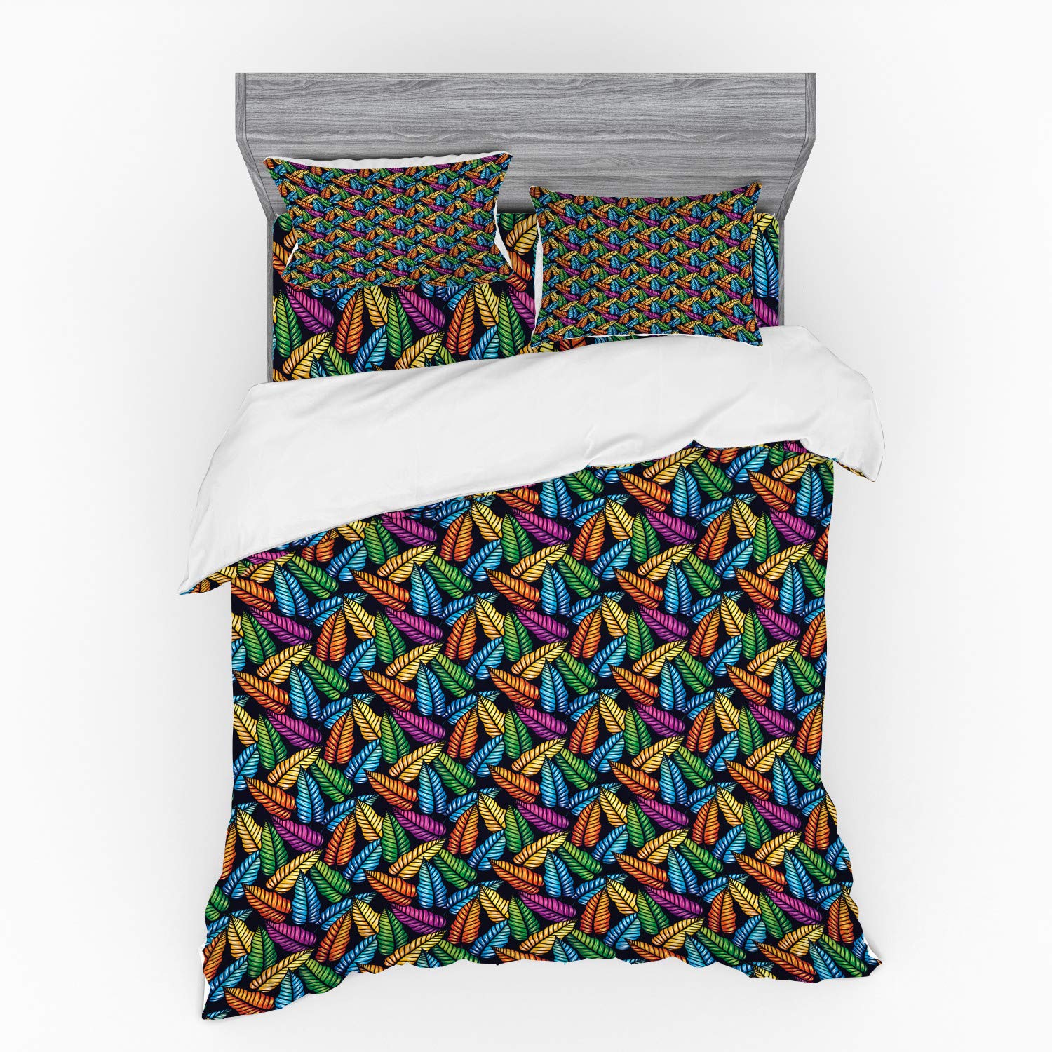 Ambesonne Tropical Leaves Duvet Cover Set - Queen Size 4-Piece Bedding with Shams & Fitted Sheet | Hawaiian Themed Colorful Computer Graphics | Charcoal Grey Multicolor | Perfect for Beach House, Boho Bedroom & Tropical Vacation Decor