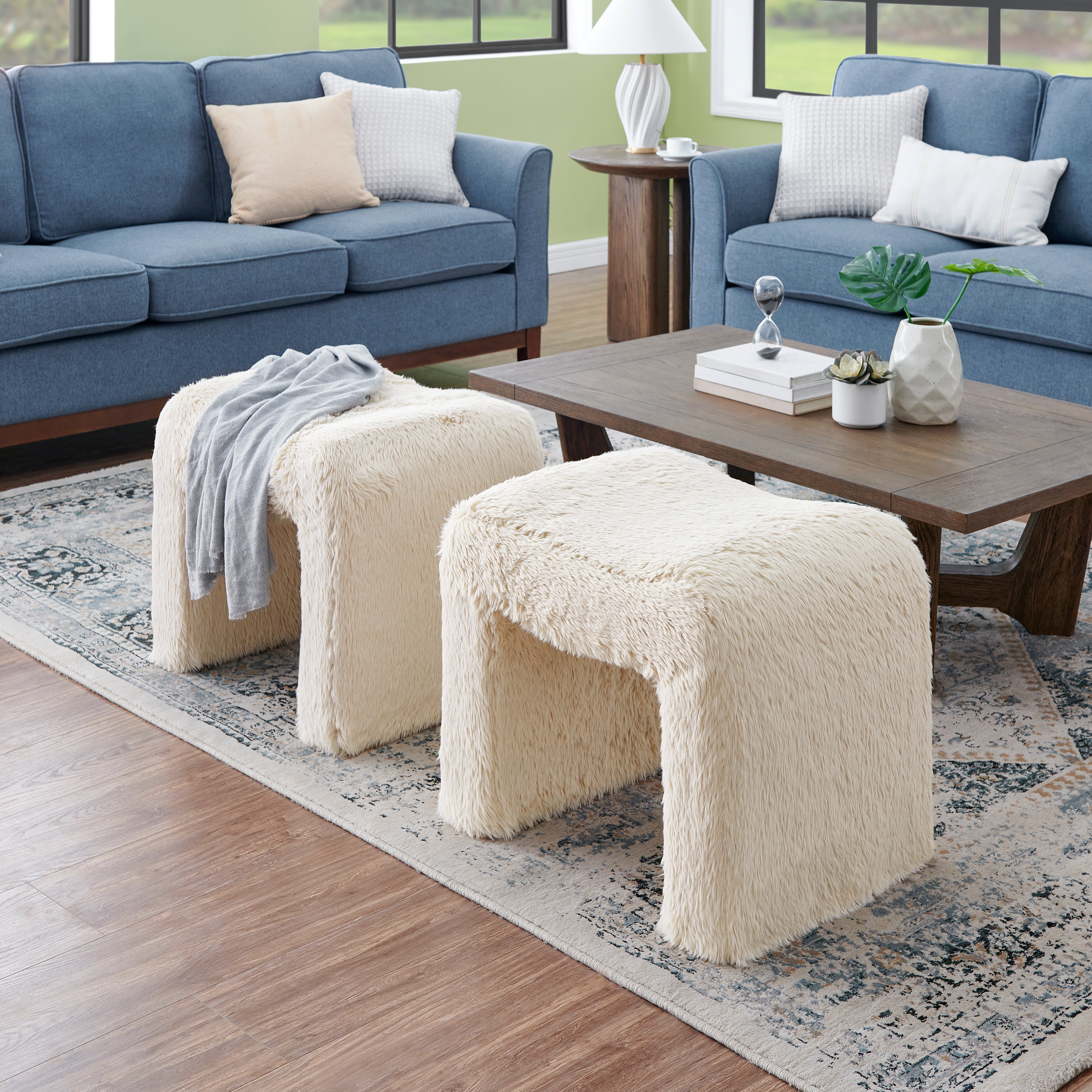Roundhill Furniture Zorya Contemporary Faux Fur U-Shaped Ottoman Set of 2 - Modern Living Room Accent, Bedroom Footrest, Cozy Home Decor for Stylish Comfort