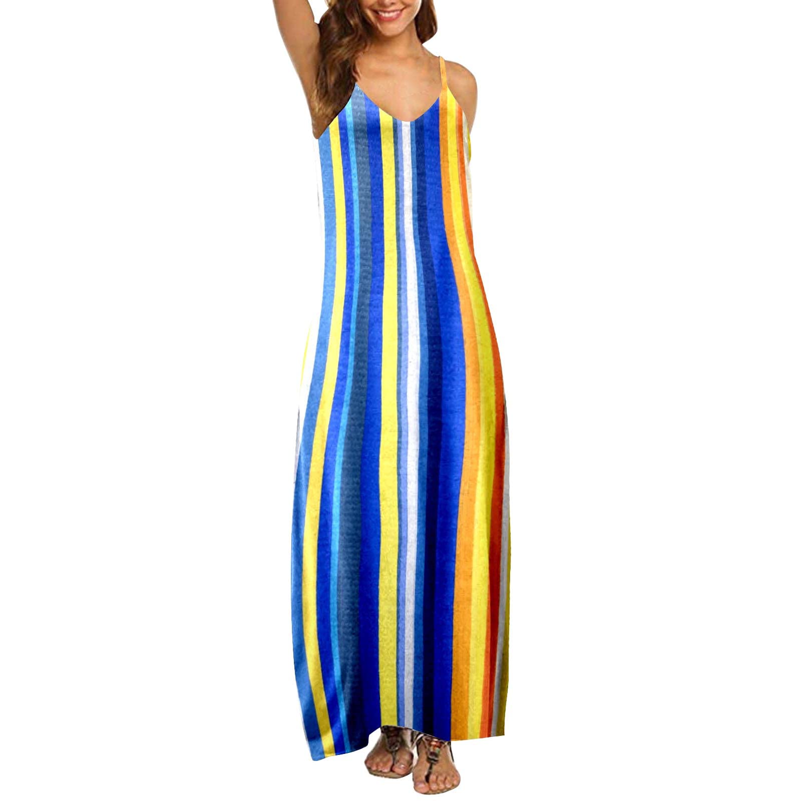 Women's Summer Casual Dress - Bohemian Floral Printed Spaghetti Strap Maxi Dress with Pockets | Knee Length Boho Chic Dress (Blue-A, L) | Perfect for Beach Vacations, Music Festivals & Summer Parties