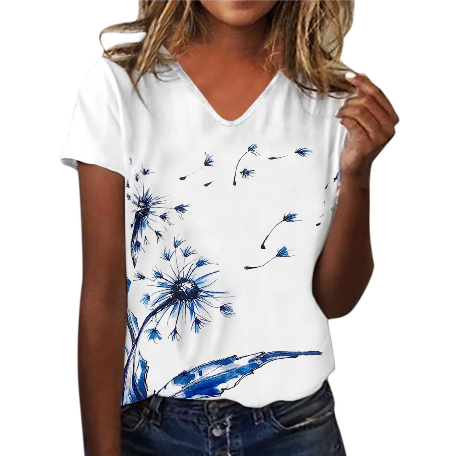 Women's Floral Printed V-Neck Short Sleeve Summer Tops - Casual Blouses & Dressy T-Shirts for Women - Perfect for Beach Outings, Office Wear and Summer Vacations