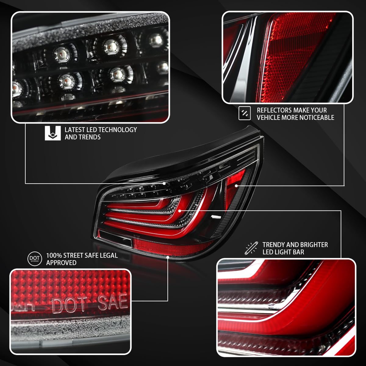 AUTOZENSATION LED Tail Lights for 2008-2010 BMW E60 5-Series Sedan - Left & Right Pair with Jet Black Housing & Red LED Bar - Direct Fit Replacement - Enhances Night Visibility & Style