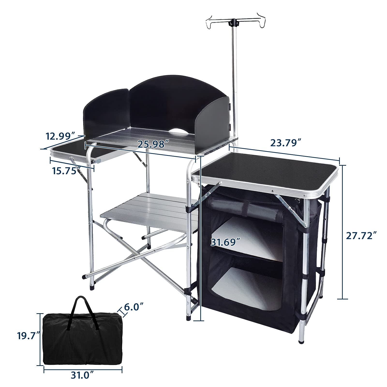 CampLand Portable Folding Camping Table - Lightweight Aluminum Outdoor Cooking Station with Storage Organizer for Picnics, BBQ & RV Trips (Black)
