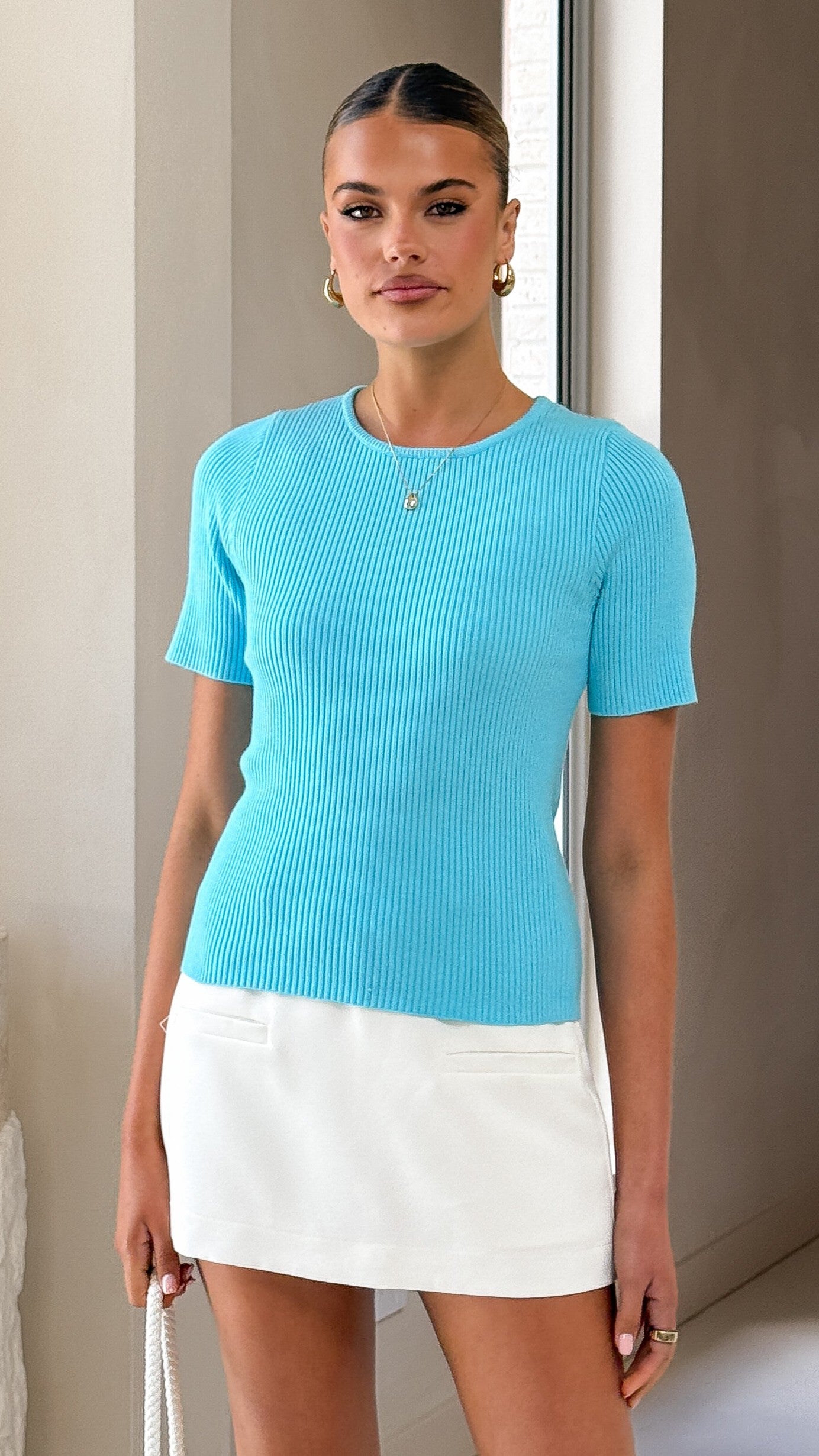 Laylin Women's Ribbed Knit Tops - Soft Stretch Blue Shirt for Casual Wear & Everyday Outfits