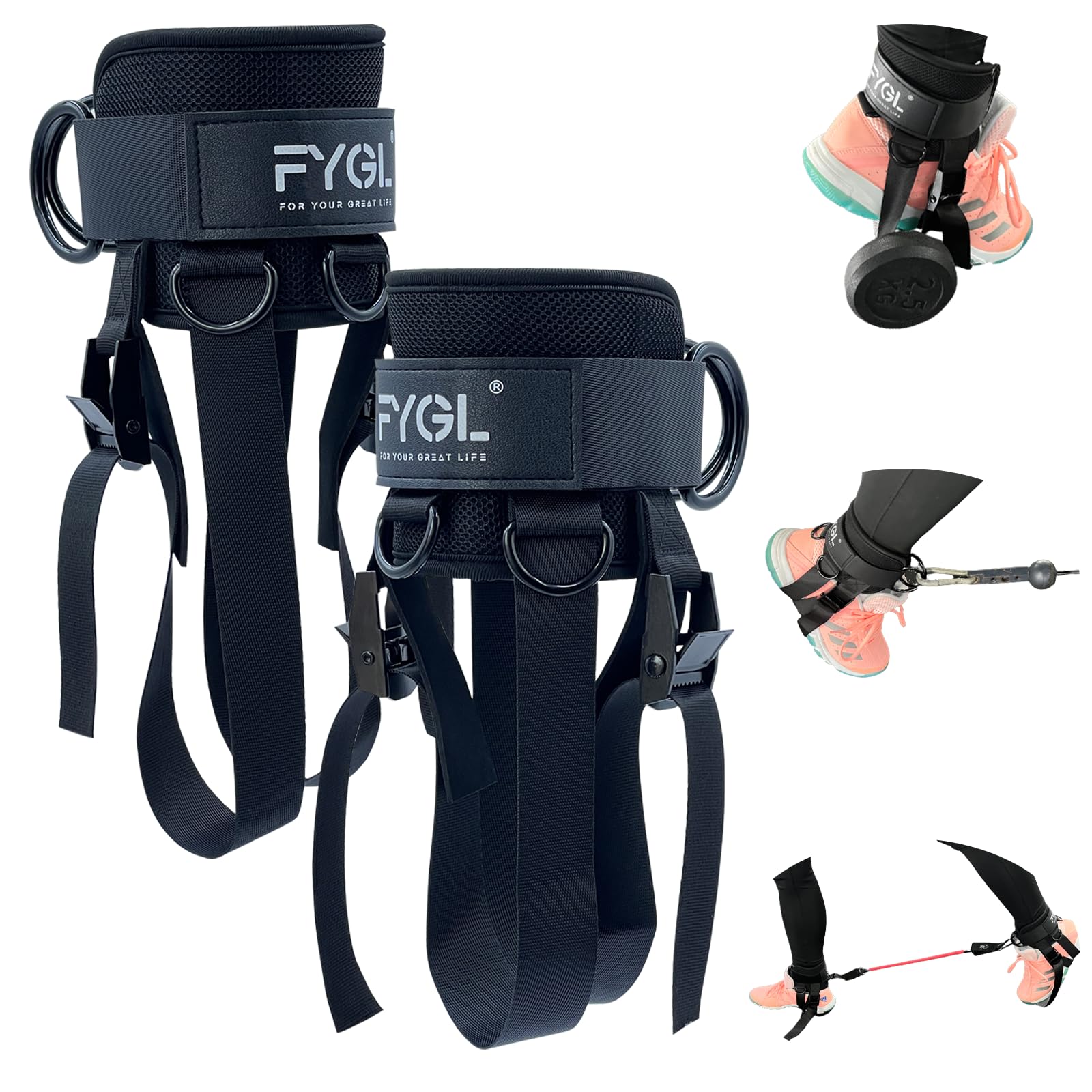 FYGL Ankle Strap for Cable Machine & Resistance Bands - Adjustable Dumbbell Foot Attachment - Perfect for Calf Raises, Glute Kickbacks, Hamstring Curls - Home & Gym Workout Equipment for Men & Women - Ideal for Strength Training, Leg Exercises, and Full Body Workouts