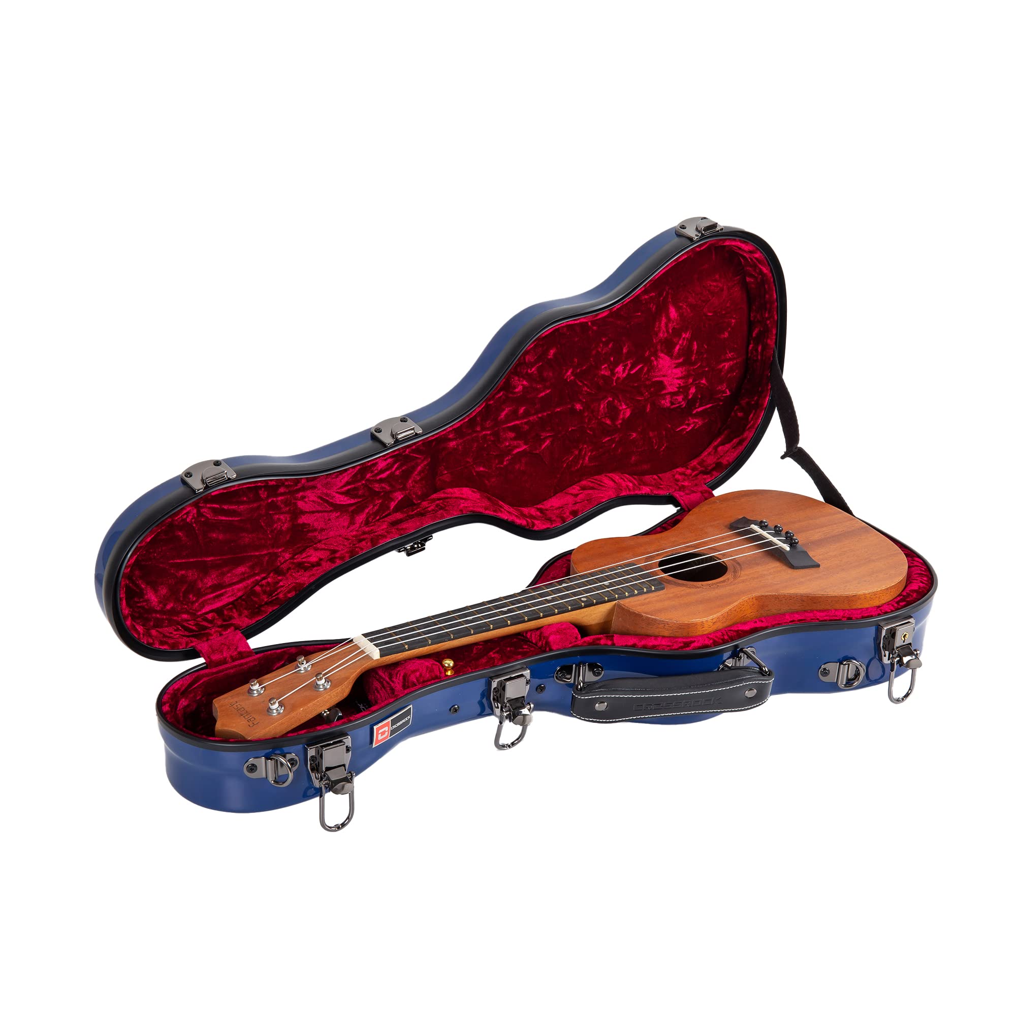 Premium Crossrock Hardshell Fiberglass Concert Ukulele Case - Thick Padded Protection, 4 Secure Latches, Glossy Navy Blue Finish - Perfect for Travel, Performances & Instrument Storage