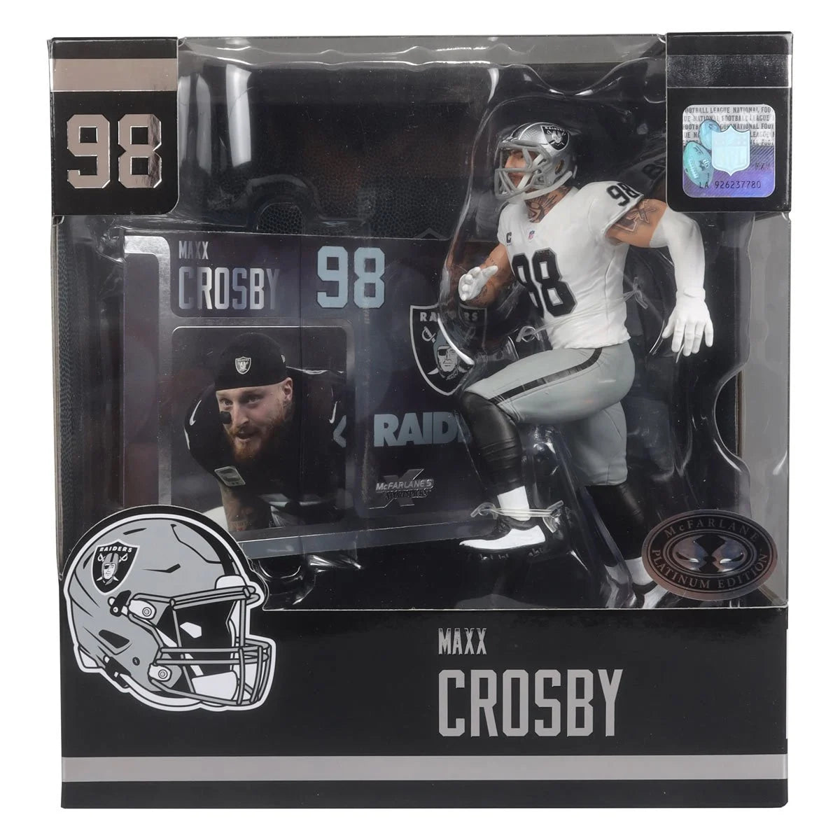 Maxx Crosby Las Vegas Raiders White Jersey NFL Platinum Chase Posed Figure 2024 - Perfect for Sports Collectors, Game Room Decor, and Raiders Fans Gifts