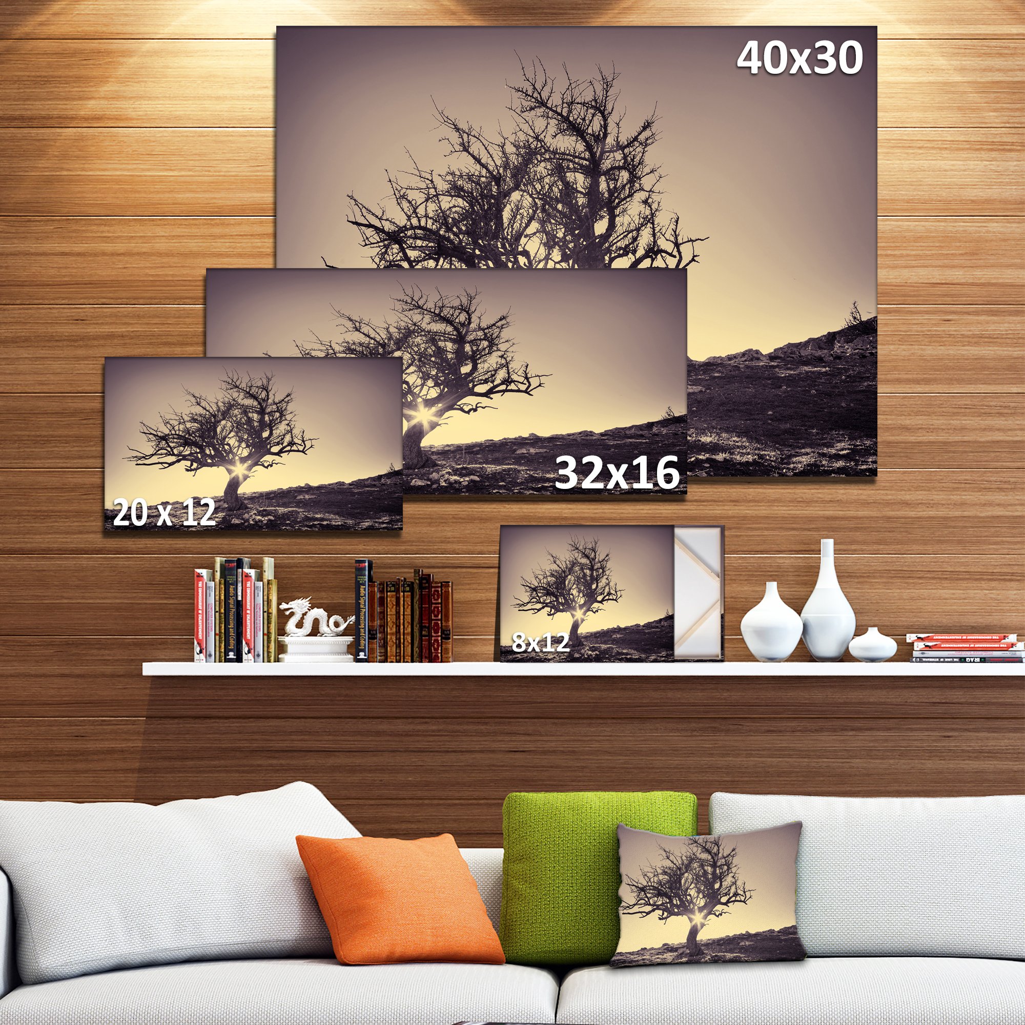Extra Large Wall Art - Lonely Grey Tree in Mountain Landscape Painting for Living Room, Bedroom & Office Decor