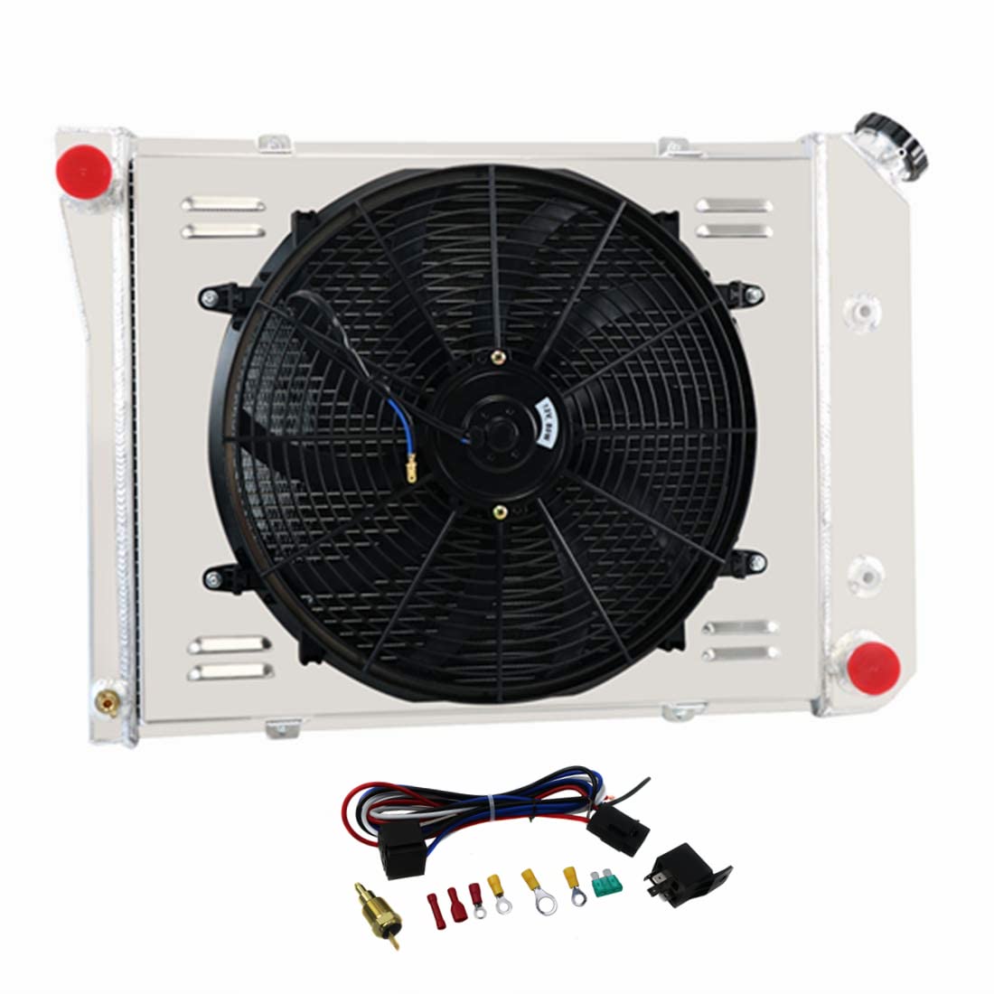 High-Performance 3 Row All Aluminum Radiator with 16-Inch Fan & Shroud - Compatible with Nova/Firebird 1969-74, Camaro/Impala Caprice 1971-73, GM Models 1968-87 - Perfect for Classic Car Restoration & Cooling Upgrades