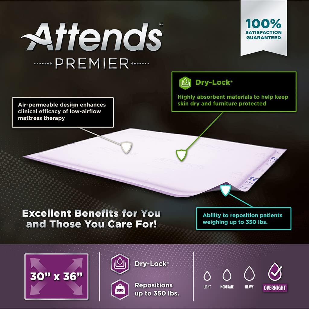 Attends Premier Underpads, 30x36 Inch - Super Absorbent Bed Pads for Incontinence Protection - Ideal for Home Care, Hospitals & Elderly Use