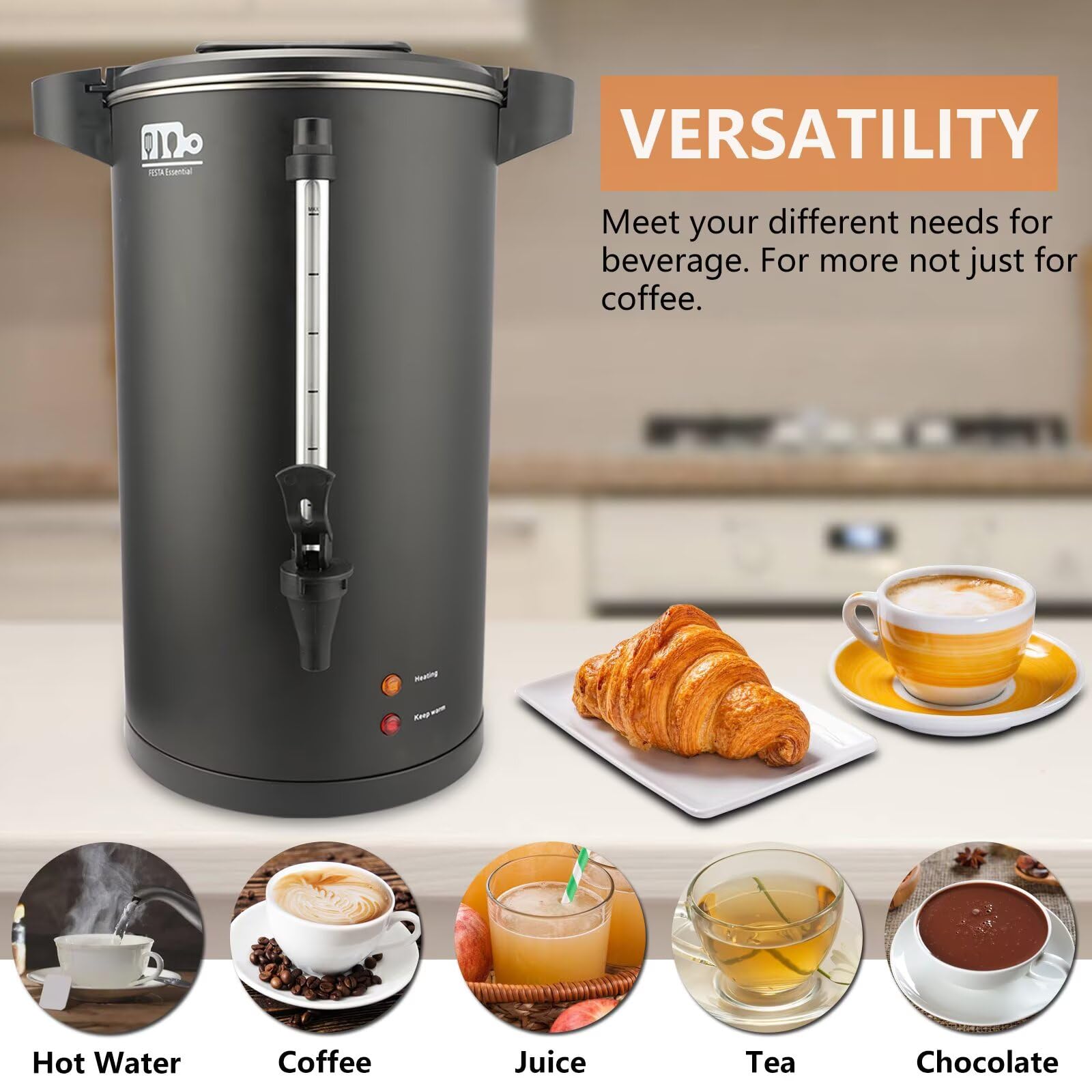 110-Cup 20L Commercial Coffee Urn - 1500W Stainless Steel Large Coffee Maker with Double Dripless Faucet, Fast Brewing for Catering, Events & Offices - Festa Essential Black Hot Water Dispenser