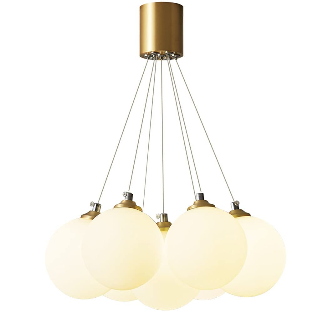 Vintage Brass Chandelier Pendant Light - Mid Century Modern Hanging Fixture with Brushed Brass Finish & White Globe Glass Shade - LED G9 Bulb Compatible - Perfect for Dining Room, Living Room, Bedroom or Entryway Lighting