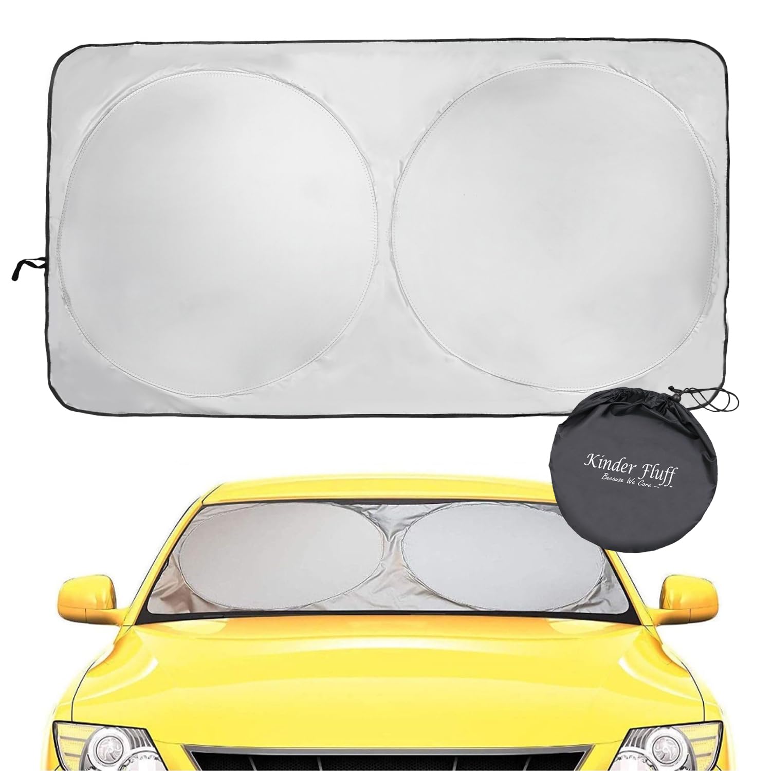 Kinder Fluff Reflective & Foldable Windshield Sunshade - XL (66x37in) | 99% UV Protection Car Window Sun Cover | Heat Shield for Dashboard & Windscreen | Perfect for Summer Parking & Road Trips