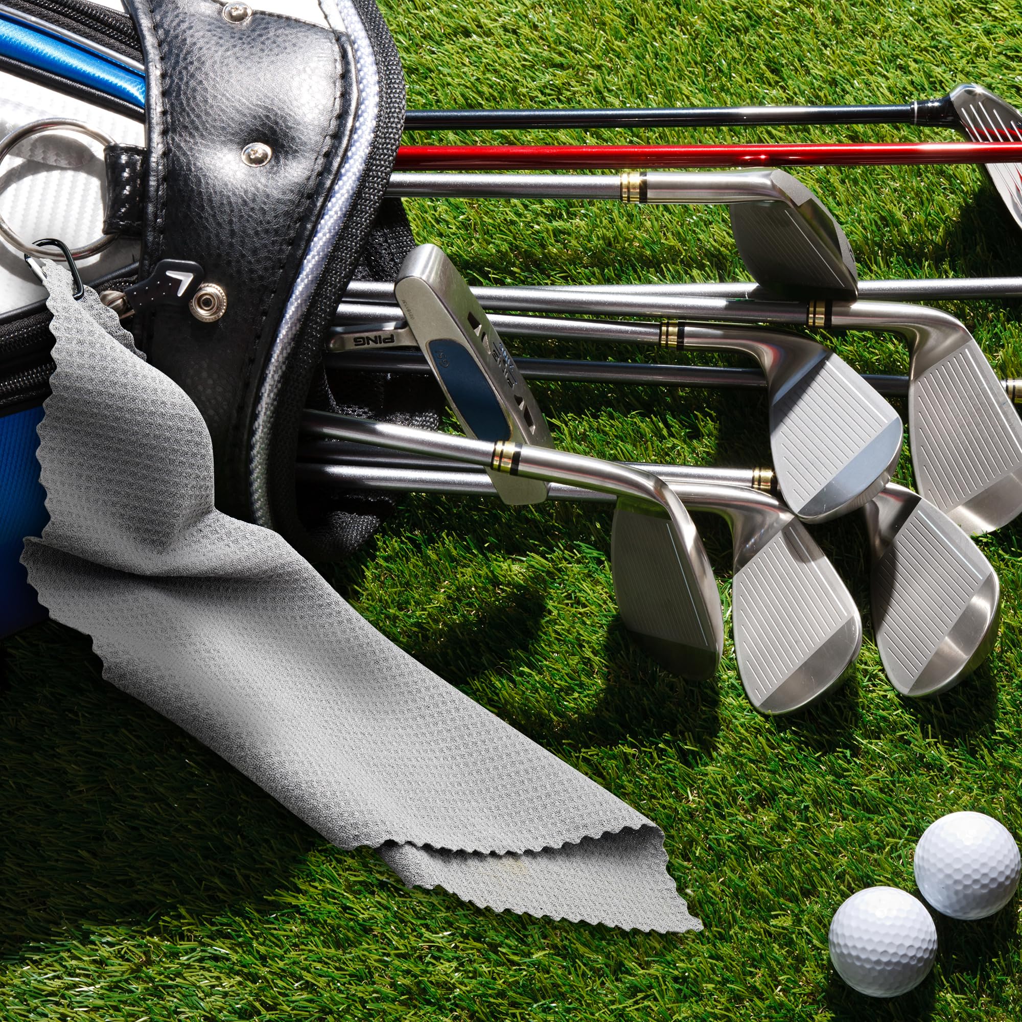 6 Pack Premium Microfiber Golf Towels 16x16 Inches - Waffle Weave Golf Accessories for Men & Women - Great for Golf Bags, Fishing, Gym & Car Cleaning - Includes Carabiner Clip - Ideal Golf Gift & Multi-Purpose Kitchen Towel