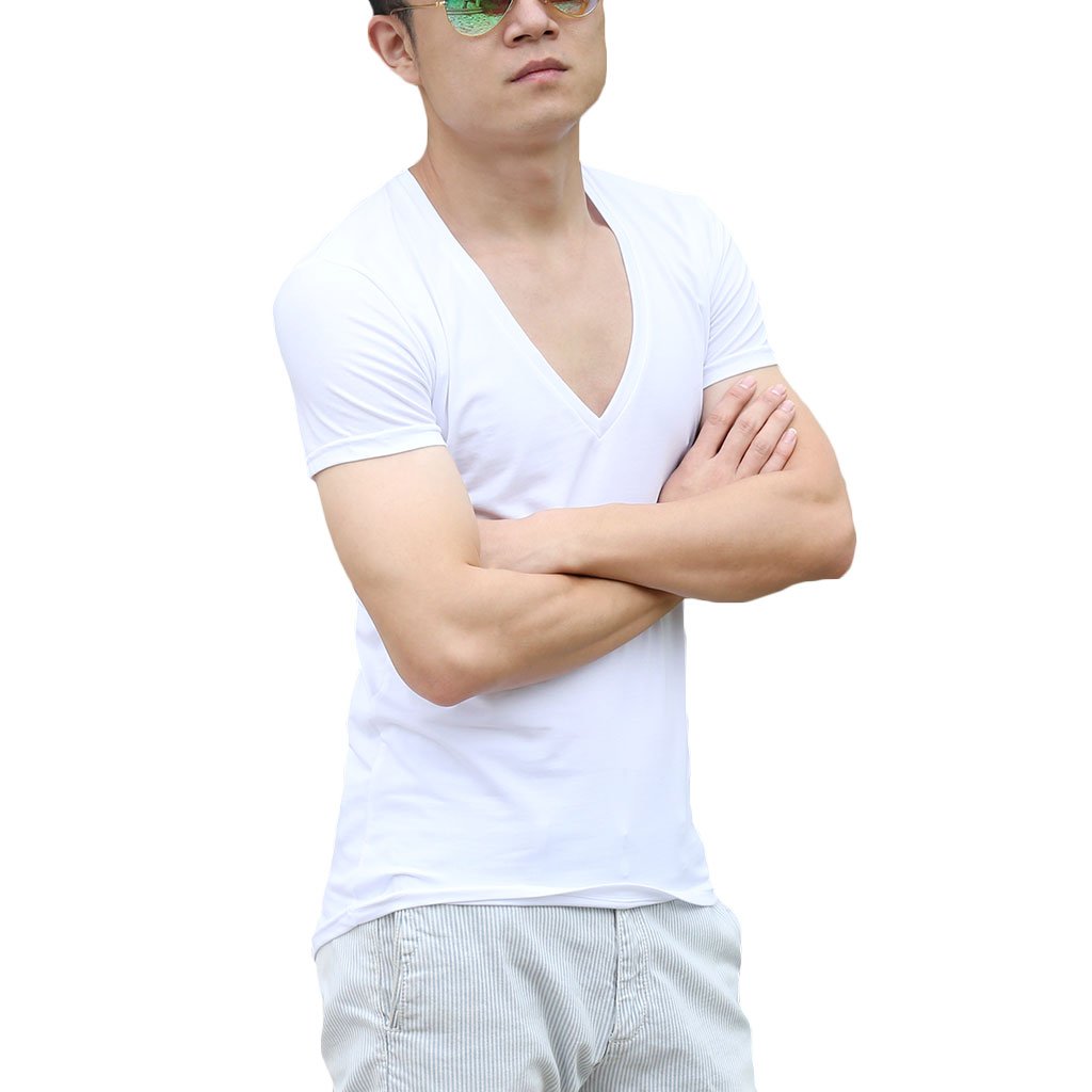 Men's Slim Fit V Neck T-Shirt - Tight Tee with Stepped Hem for Casual Wear & Gym Workouts