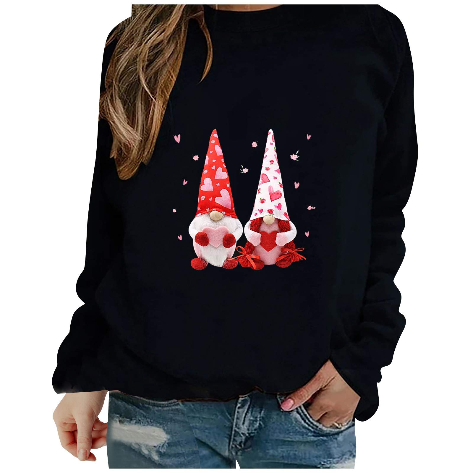 Valentine's Day Women's Casual Heart Print Round Neck Sweatshirt - Lulusi Design Tunic Blouse in Black | Perfect for Date Nights, Galentine's Parties & Cozy Winter Outfits
