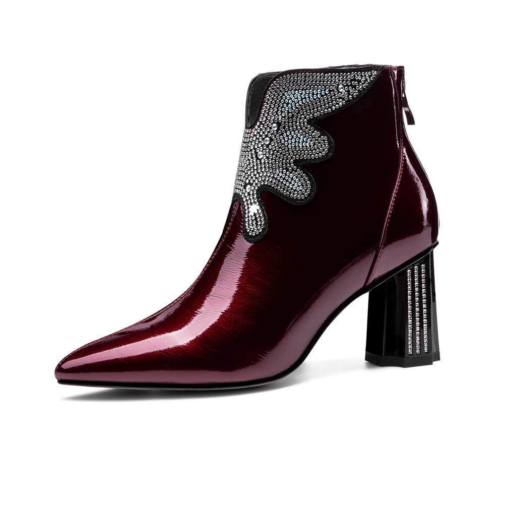 TinaCus Women's Fashion Patent Leather Chunky Heel Ankle Boots with Rhinestones - Pointed Toe, Back Zipper, Plus Size - Perfect for Party, Evening Wear & Office Outfits