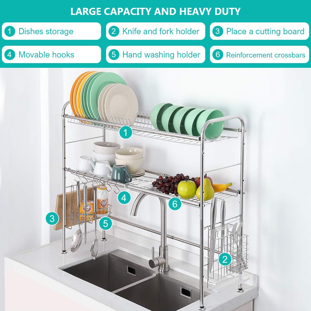 Premium 2-Tier Over The Sink Dish Drying Rack - 304 Stainless Steel Kitchen Counter Shelf with Utensil Holder Hooks (Silver) | Space-Saving Kitchen Organizer for Dishes, Cups & Cooking Tools | Perfect for Small Apartments & Compact Kitchens