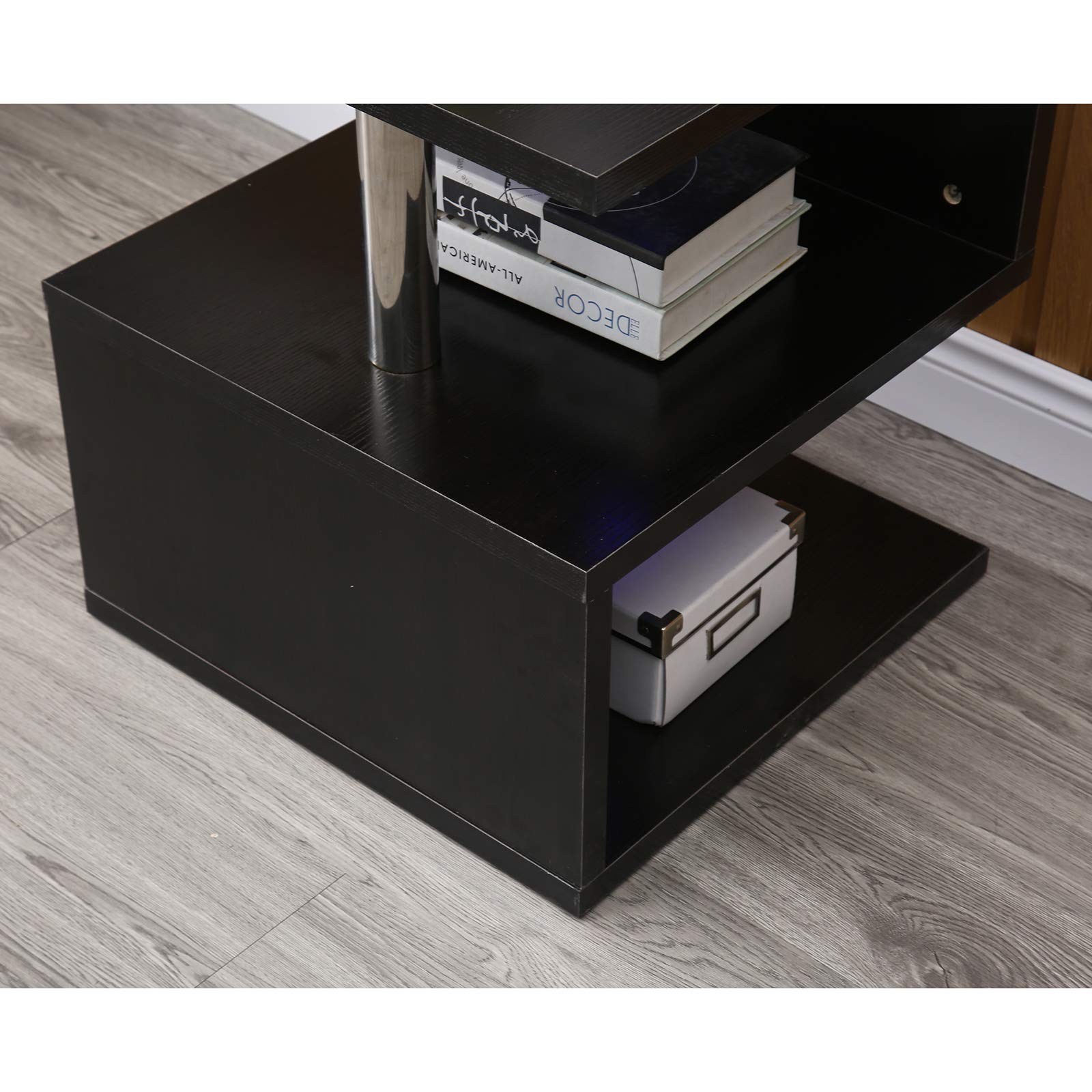 Modern LED Coffee Table & Nightstand - High Gloss White End Table with S-Shaped Design & Open Shelves - MDF Bedside Cabinet for Living Room, Bedroom - Perfect for Small Spaces, Studio Apartments & Modern Home Decor