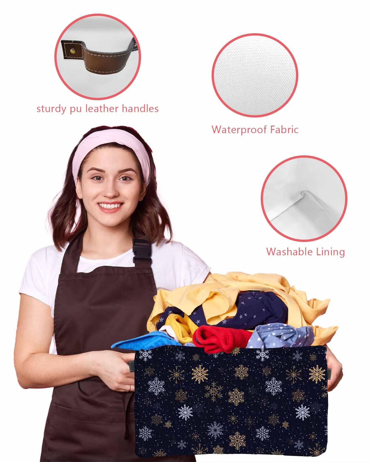 Navy Blue & Yellow Christmas Storage Baskets - 2 Pack Snowflake Fabric Storage Cubes with Handles (15