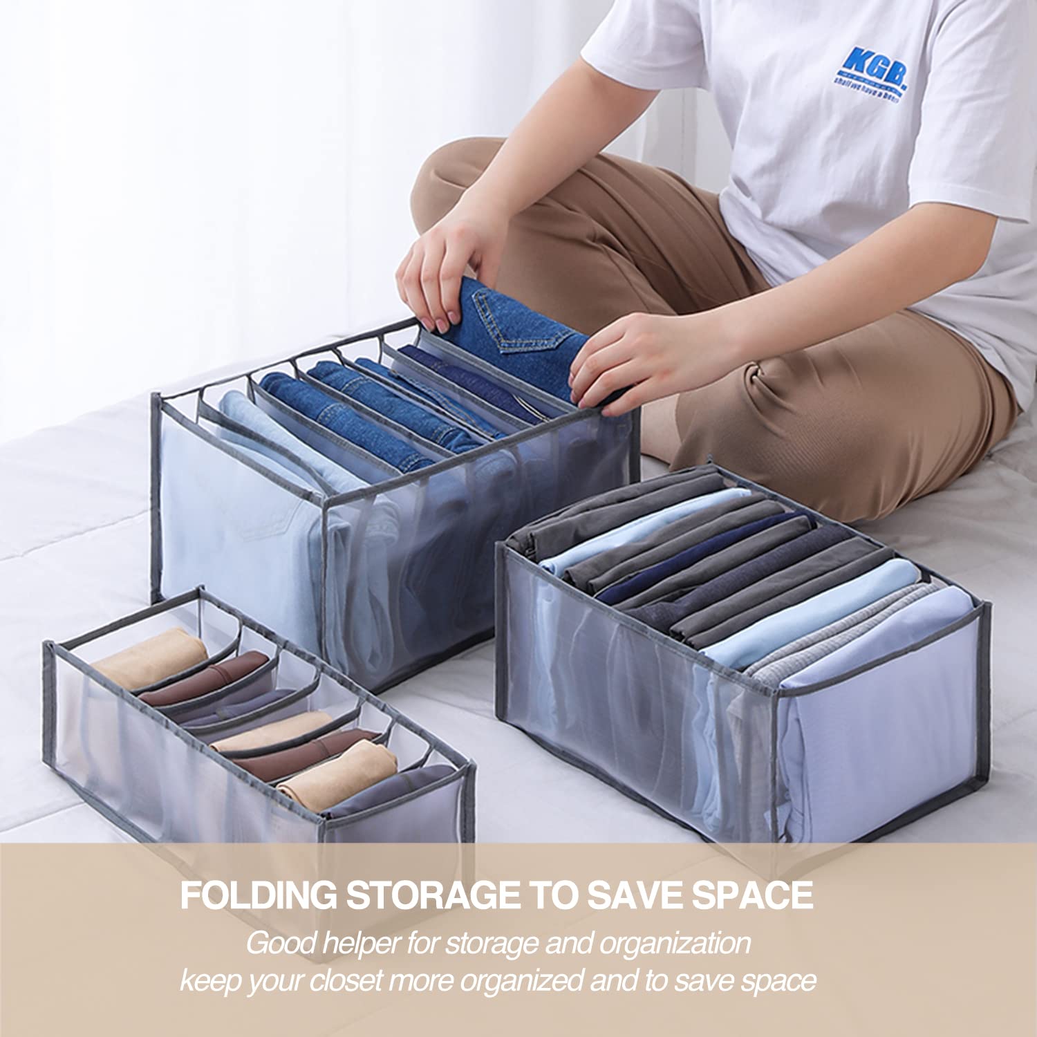 7 Grids Washable Portable Closet Organizer - Foldable Mesh Storage Box for Underwear, Socks, Scarves & Jeans (Grey, 4 Jeans Grid) | Space-Saving Wardrobe Solution for Bedroom, Closet & Travel