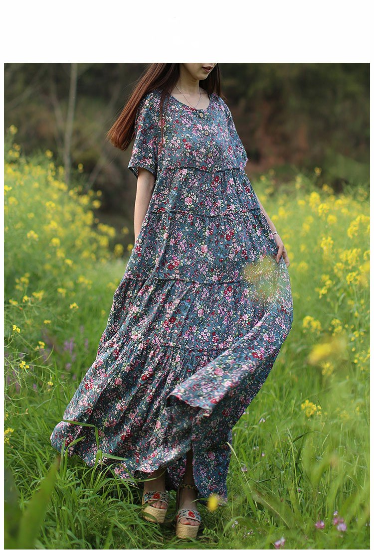 Women's Floral Print Cotton Maxi Shirt Dress - Bohemian Summer Beach Dress with Patchwork Design | Perfect for Vacations, Pool Parties & Casual Outings