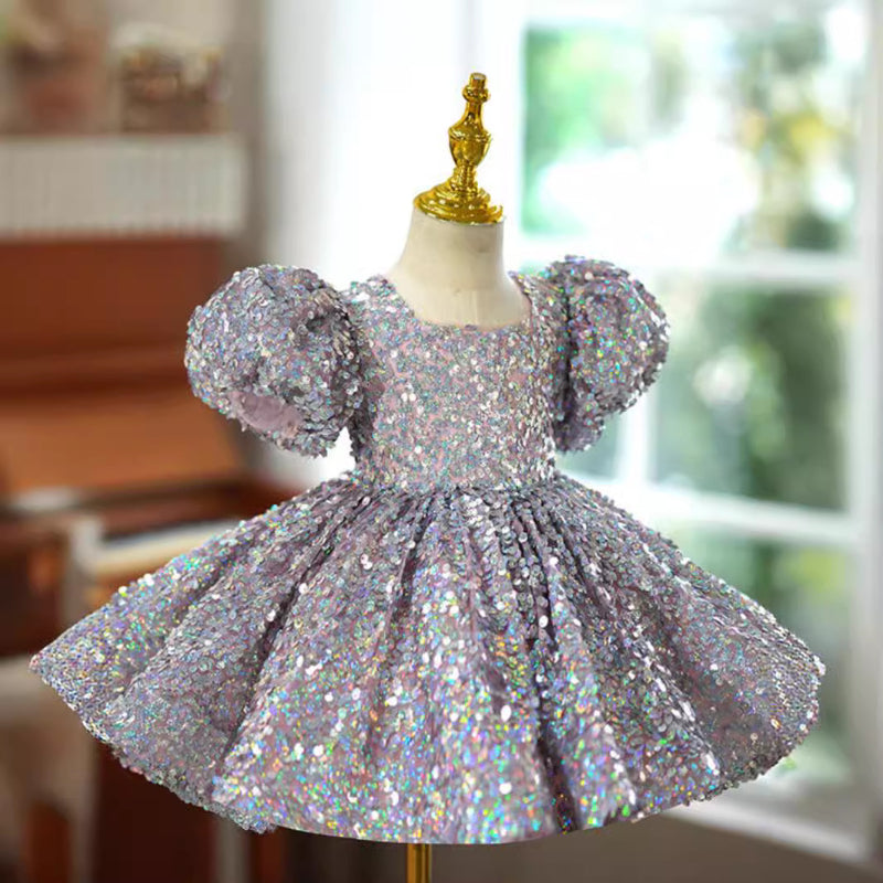 Elegant Baby Silver Sequin Puff Sleeve Dress for Toddlers - Perfect for Prom, Birthday Party, and Special Occasions