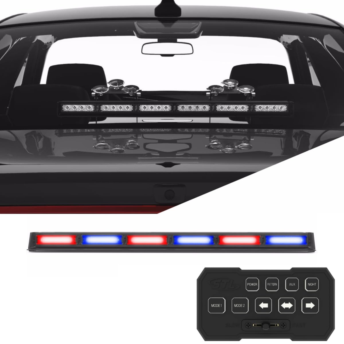 SpeedTech 6-Head LED Strobe Light Bar with TIR Lens - Red/Blue Alternating Emergency Warning Light for Police, Fire, Ambulance Vehicles - Windshield Mount with Cigarette Lighter Plug & Control Box - Perfect for Roadside Emergencies, Traffic Direction, and Hazard Warning
