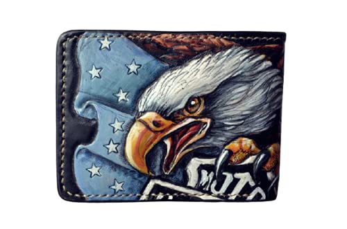 American Flag & Eagle 3D Genuine Leather Bifold Wallet for Men - Handmade Motorcycle Club Design with Engine & Airbrush Art - Custom Personalized Carved & Tooled Leather Wallet - Perfect for Bikers, Travel & Everyday Use