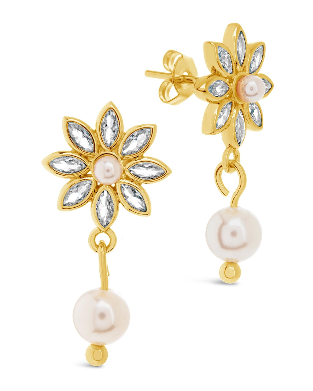 Esti CZ Flower & Pearl Drop Stud Earrings for Women – Elegant Cubic Zirconia & Pearl Dangle Earrings for Wedding, Party & Special Occasions