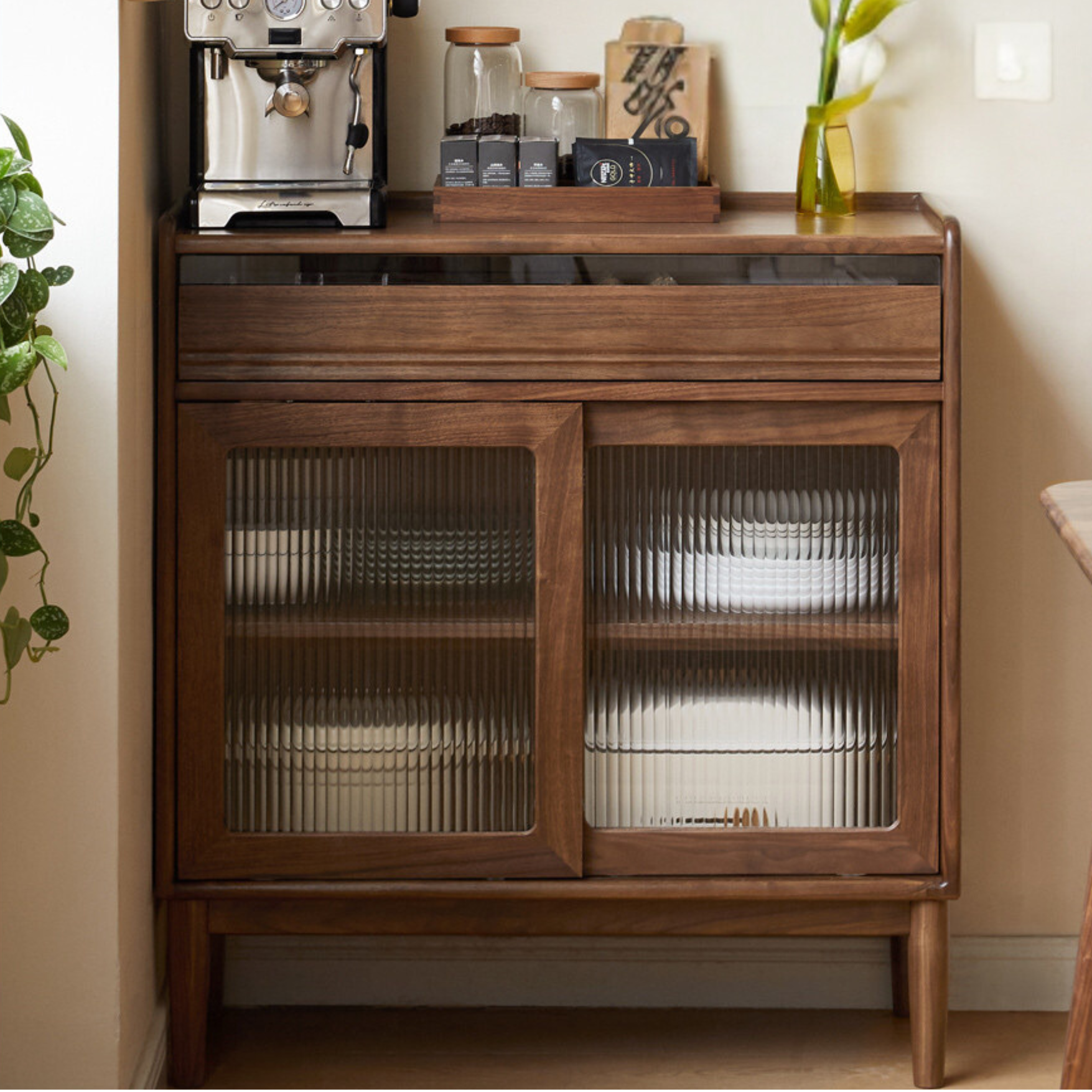Black Walnut Solid Wood Modern Minimalist Dining Sideboard Buffet Cabinet - Perfect for Dining Room Storage & Kitchen Organization