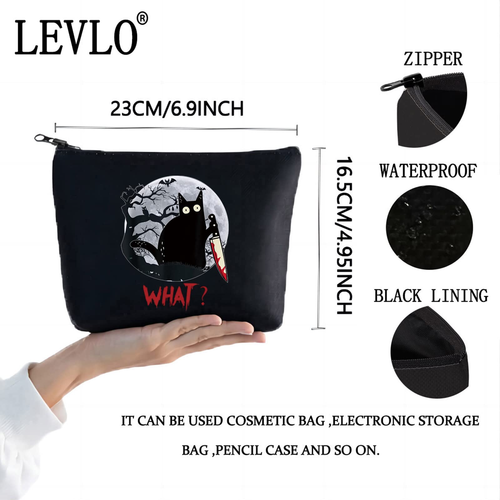 LEVLO Murderous Cat With Knife Makeup Bag - Cute Cartoon Animal Inspired Cosmetic Pouch - Perfect for Travel, Gifts & Daily Use (Black)