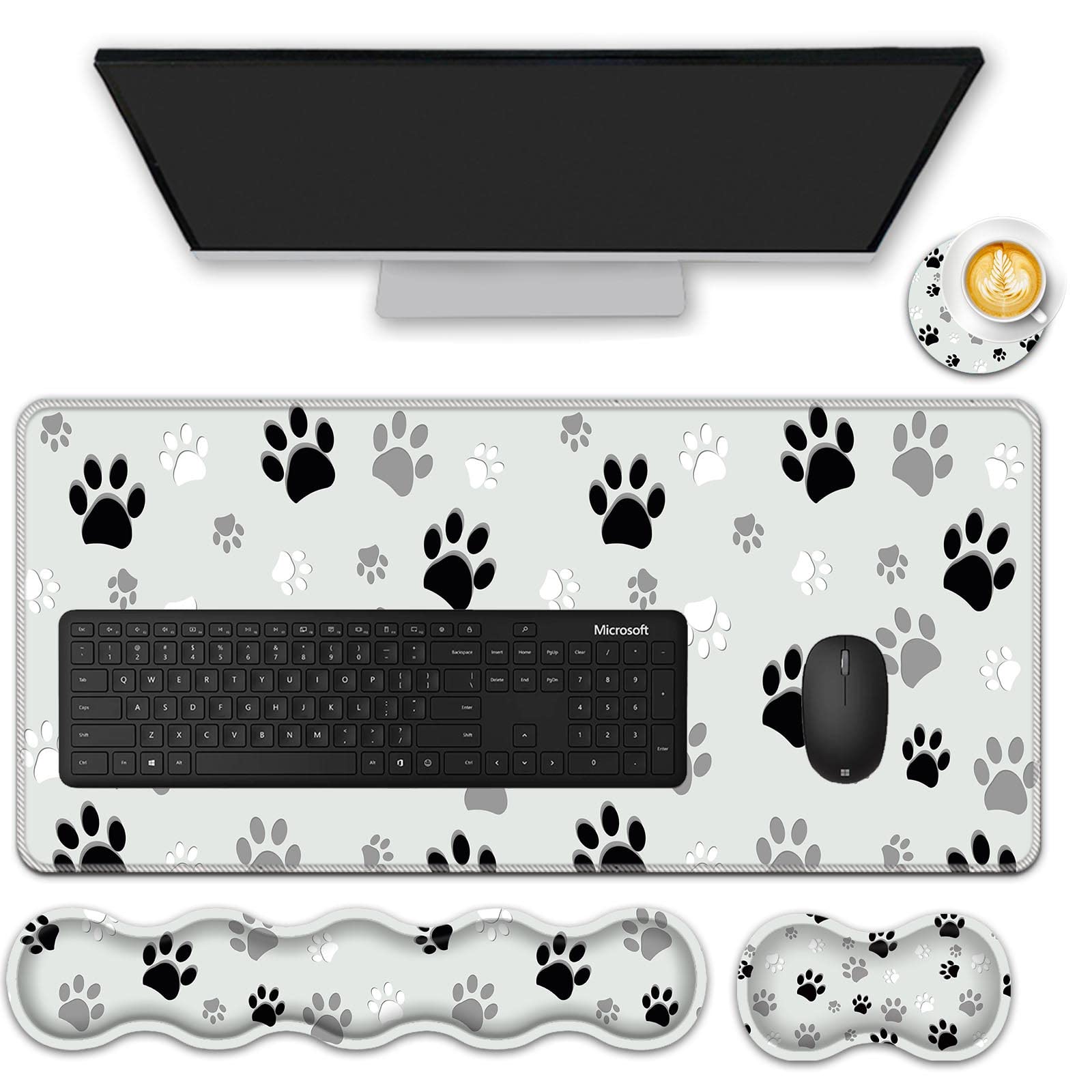 Large Mouse Pad Set (31.5×11.8 in) with Keyboard Wrist Rest, Mouse Wrist Support & Coaster - Non-Slip Desk Mat for Office, Home, Computer & Laptop - Cute Paw Print Design for Comfortable Gaming & Work