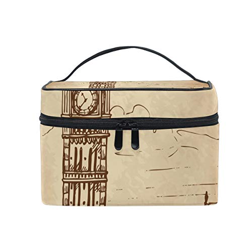 Vintage London Themed Makeup Bag - Big Ben & Ferris Wheel Design, Portable Travel Train Case, Toiletry Organizer with Multiple Compartments | Perfect for Travel, Gym, Daily Use & Gift Giving