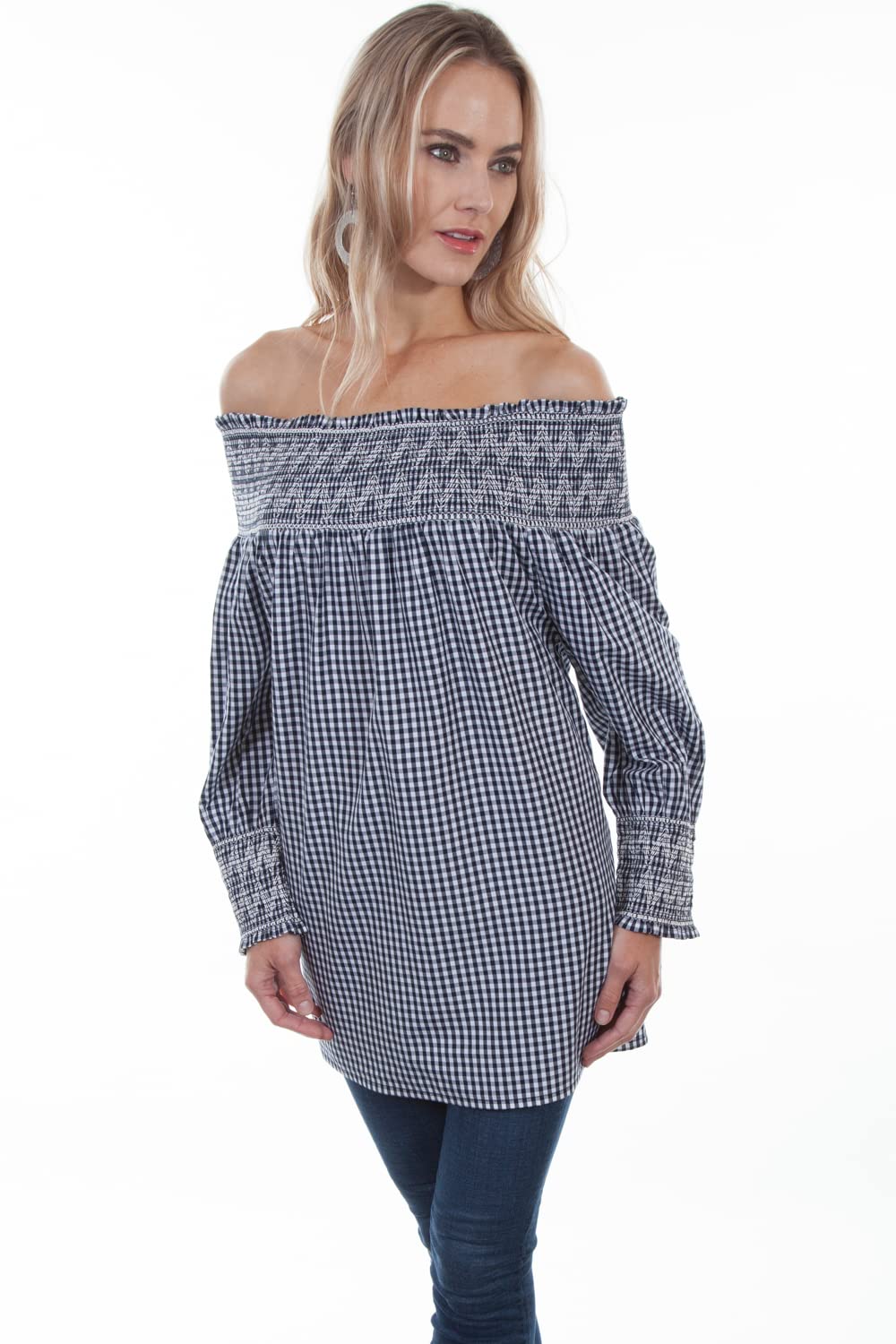 Scully Women's Black & White 100% Cotton Gingham Long Sleeve Blouse - Casual Office Wear & Spring Summer Fashion Top