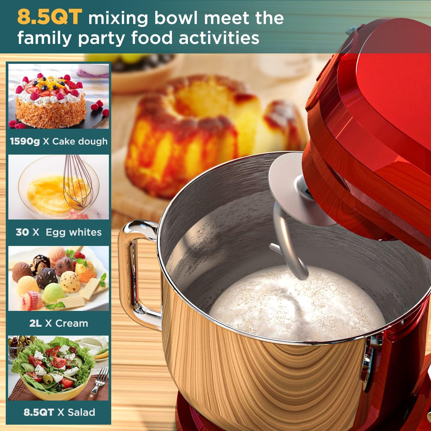 COOKLEE 6-in-1 Stand Mixer 8.5 Qt - Powerful Electric Kitchen Mixer with 9 Attachments for Baking, Whipping & Kneading - Perfect for Home Bakers & Cooking Enthusiasts (SM-1507BM, Ruby Red) - Ideal for Making Cakes, Cookies, Bread & More