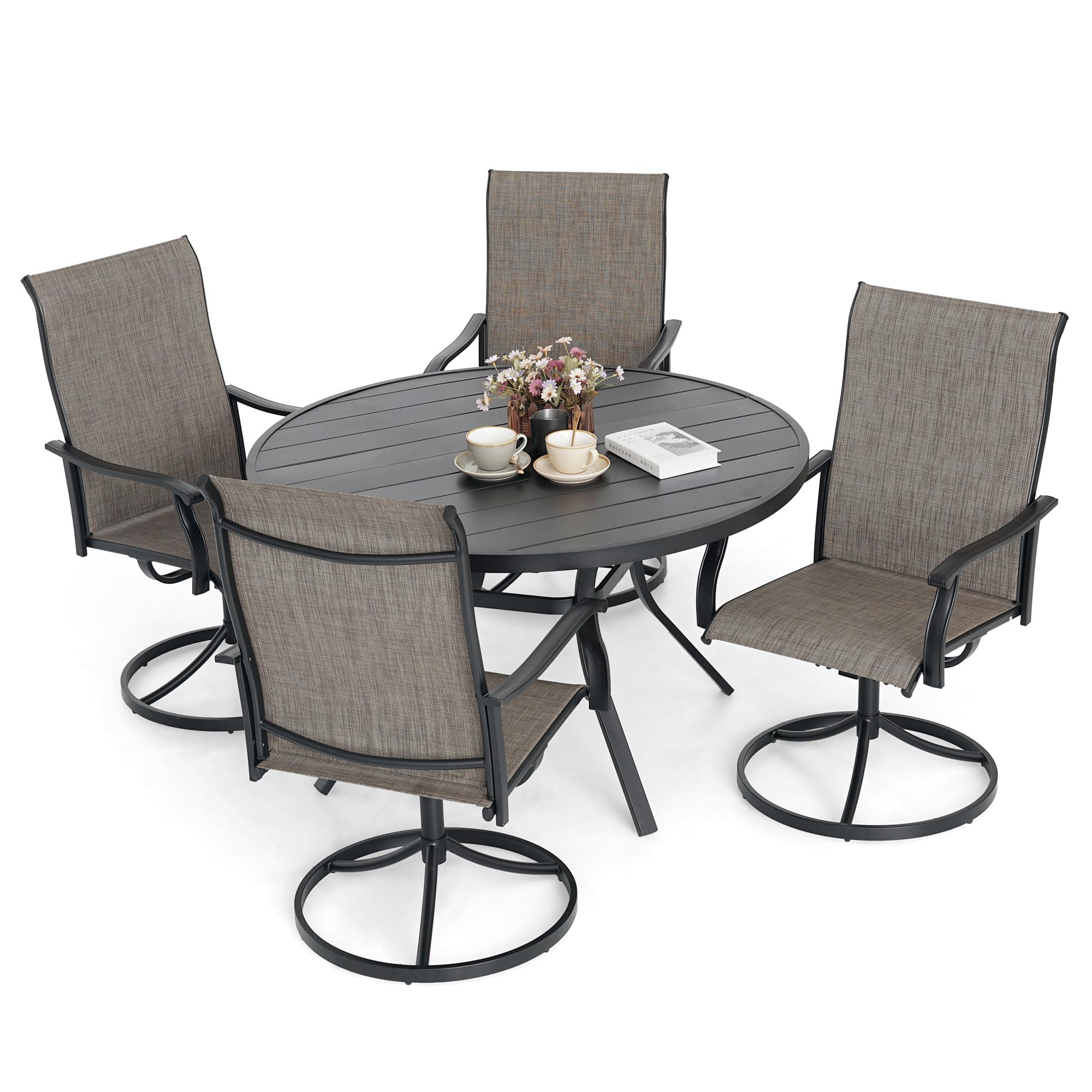 5-Piece Outdoor Patio Dining Set with 4 Swivel Rocking Chairs & 1 Round Table - Durable Dark Grey Backyard Furniture for Porch, Pool Deck, Garden, and Outdoor Entertaining