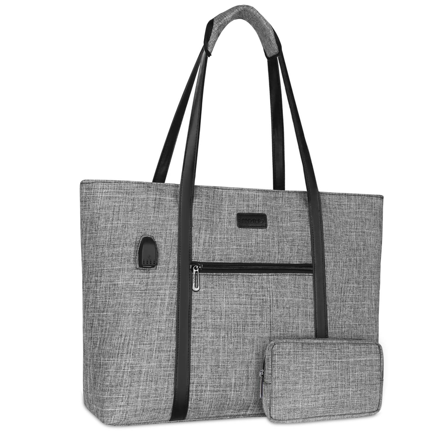 MOSISO Stylish USB Port Laptop Tote Bag for Women - Compatible with MacBook Pro/Air, 17-17.3 Inch Notebook & Chromebook - Water-Resistant Work Travel Business Computer Bag with Detachable Small Purse (Gray) - Perfect for Office Commute, Business Trips & College Use